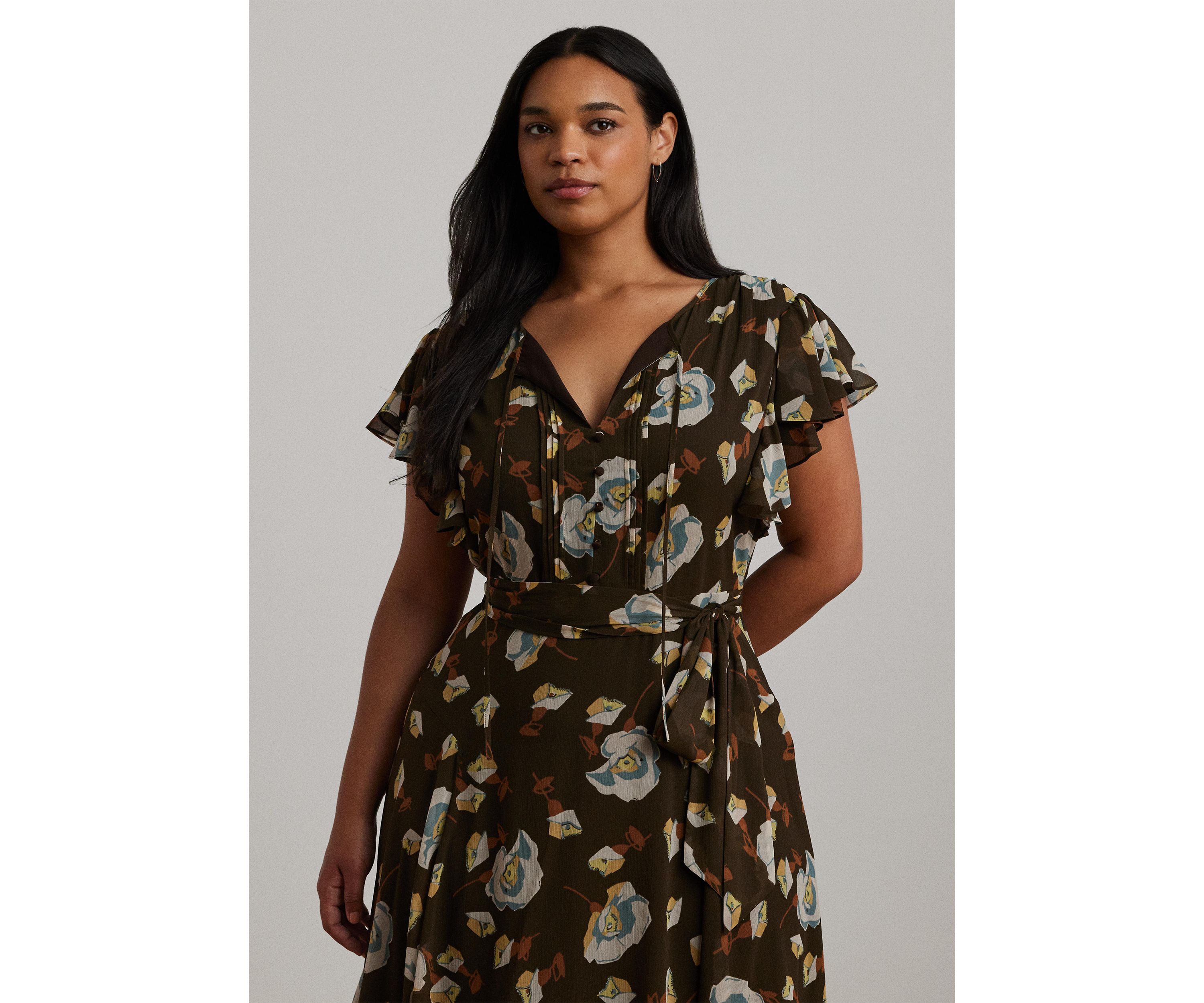 Plus Size Floral Georgette Flutter-Sleeve Dress