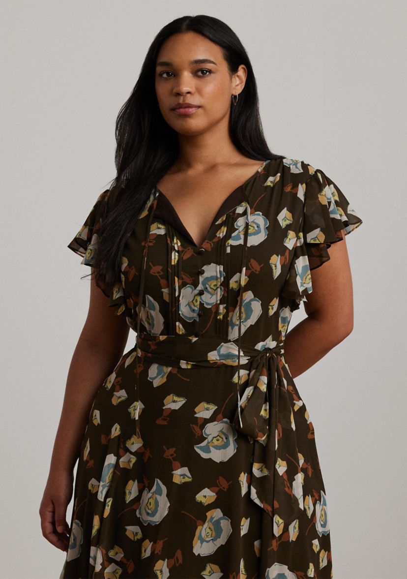 Plus Size Floral Georgette Flutter-Sleeve Dress