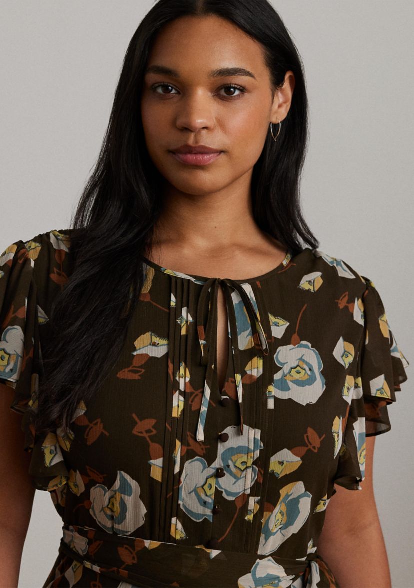 Plus Size Floral Georgette Flutter-Sleeve Dress