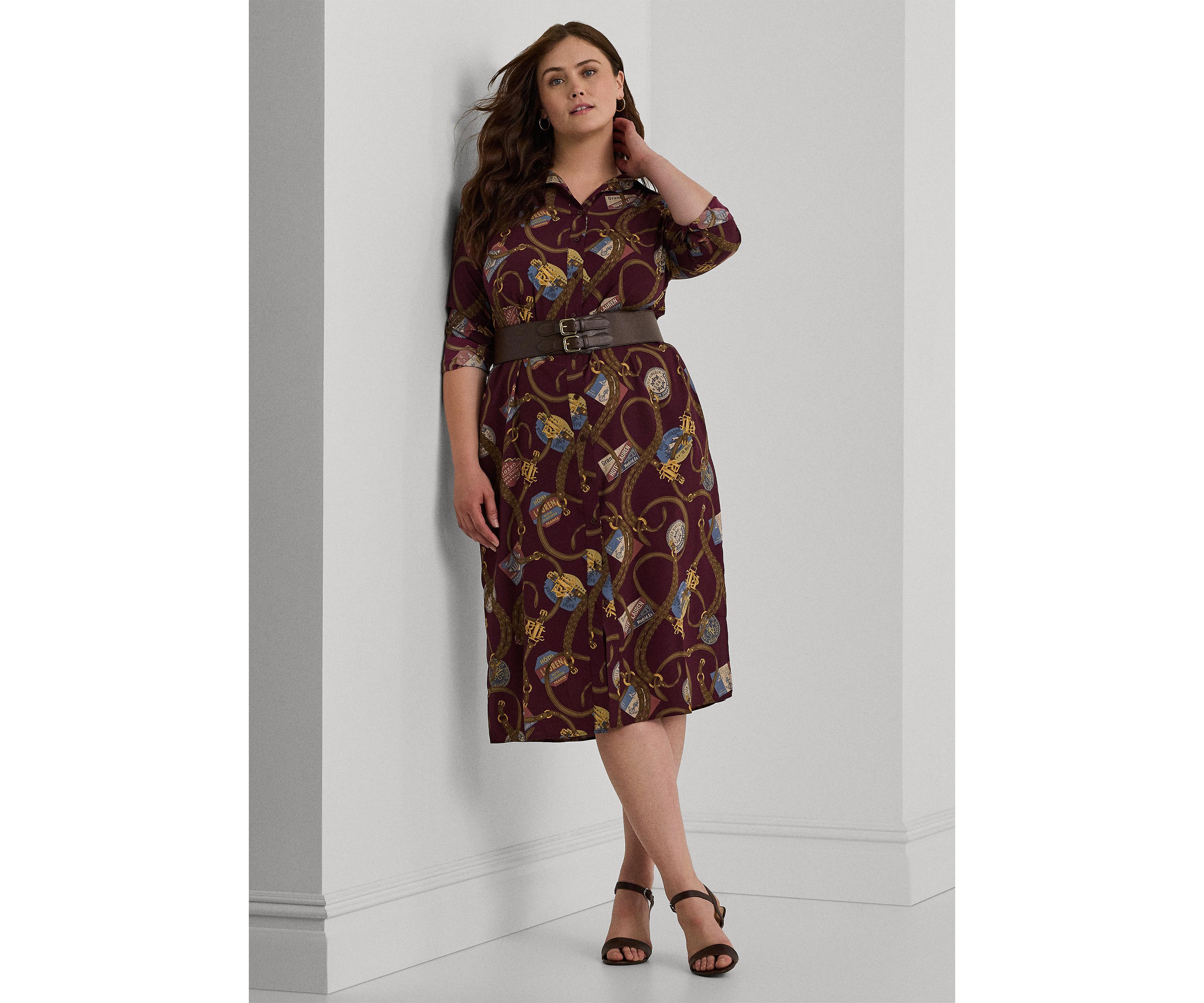 Plus Size Belting-Print Crepe Shirtdress