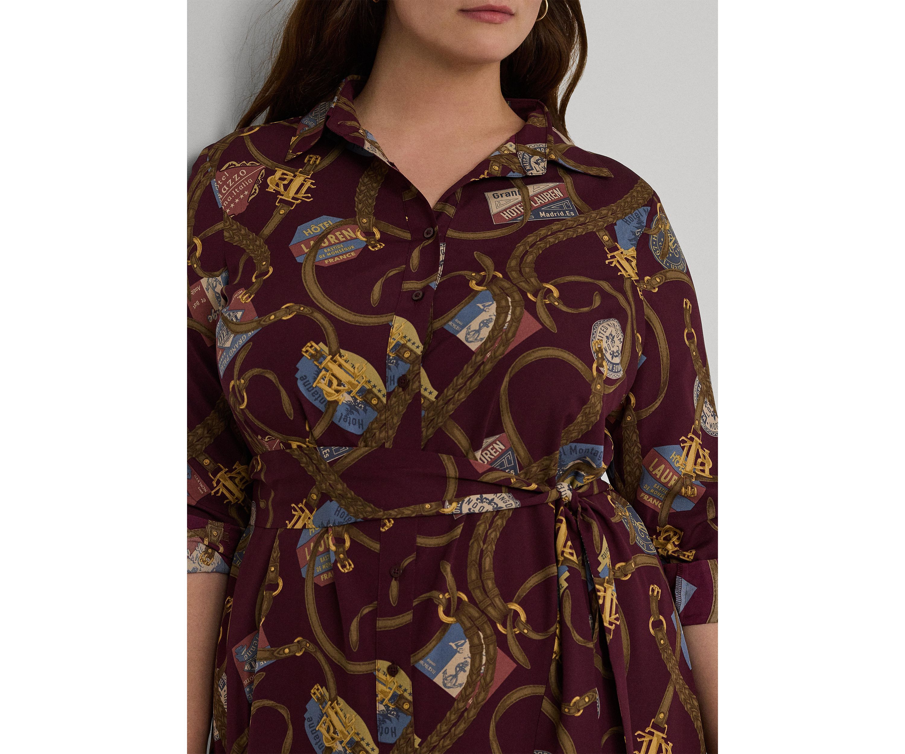 Plus Size Belting-Print Crepe Shirtdress