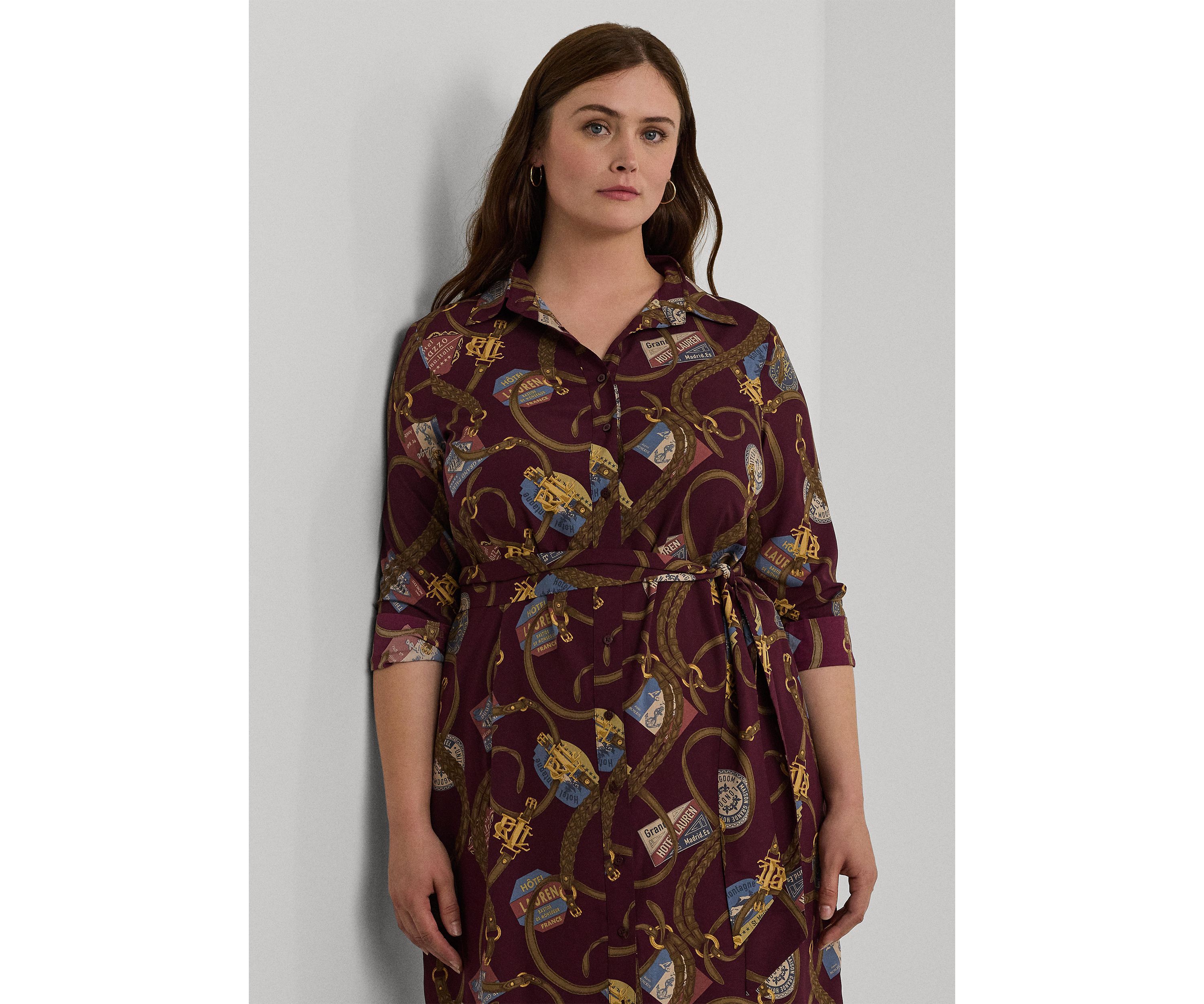 Plus Size Belting-Print Crepe Shirtdress