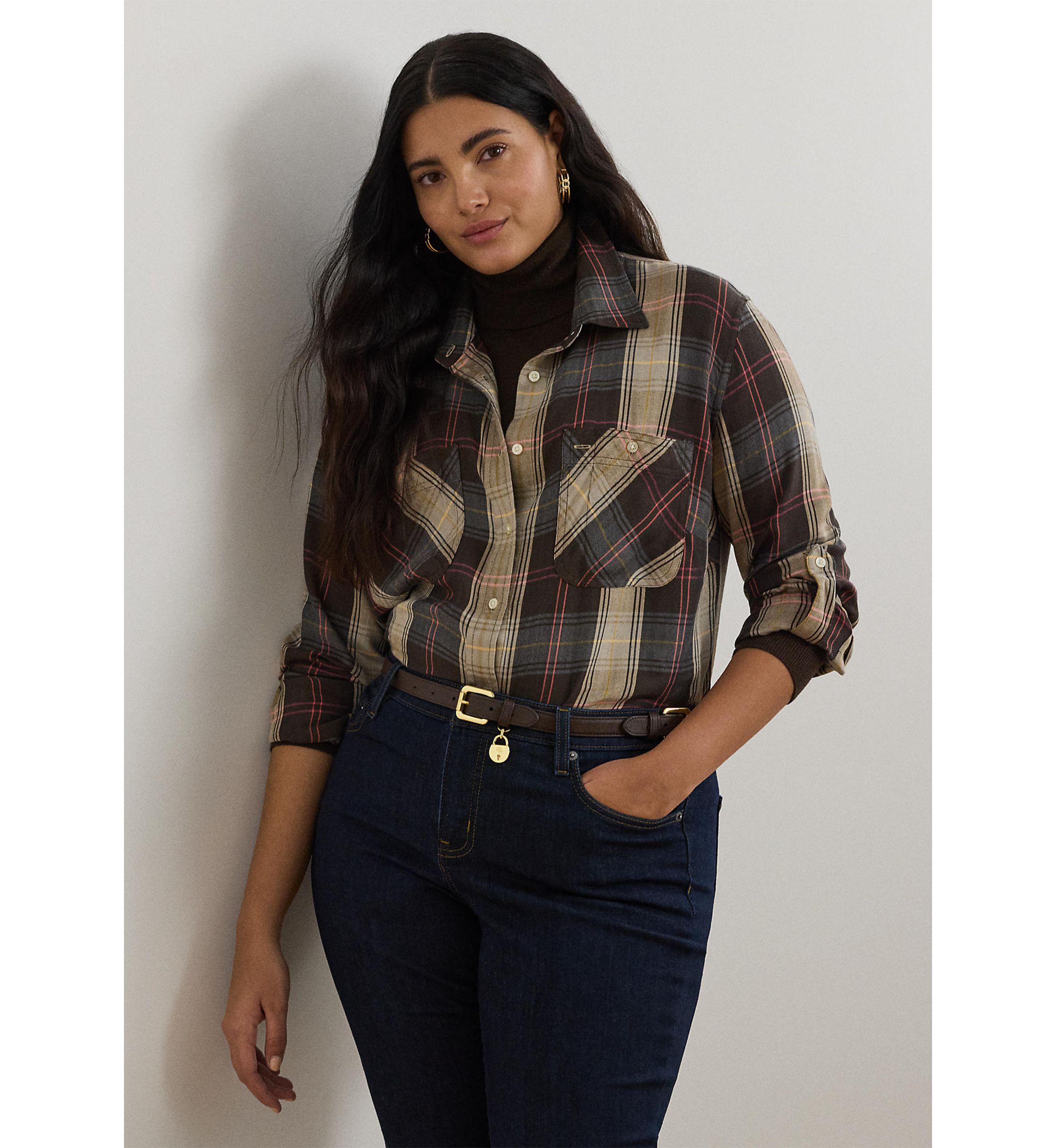 Relaxed Fit Plaid Roll Tab Sleeve Shirt