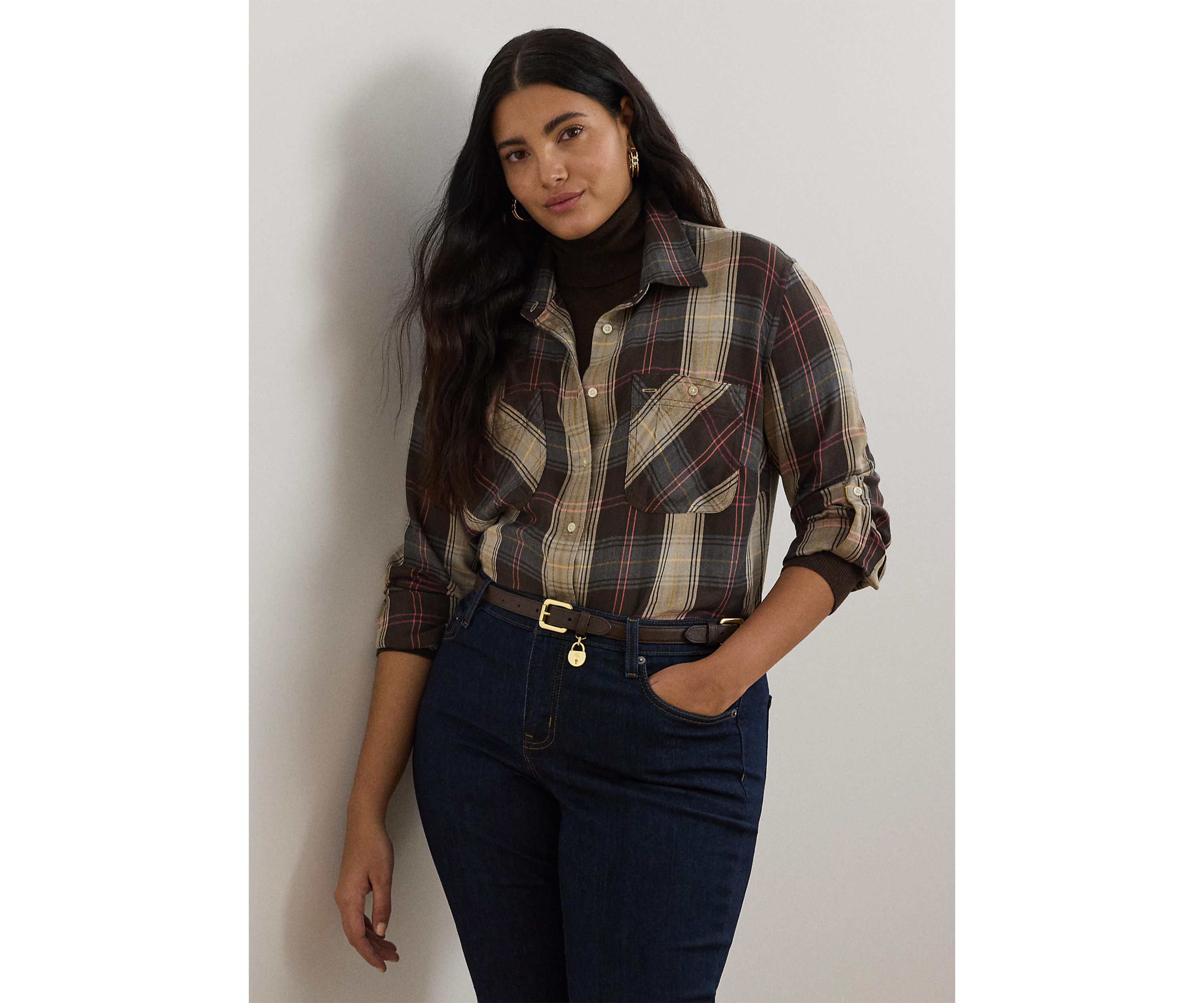 Relaxed Fit Plaid Roll Tab Sleeve Shirt