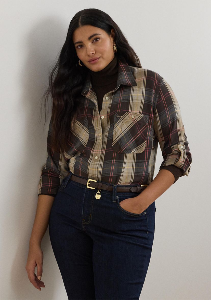 Relaxed Fit Plaid Roll Tab Sleeve Shirt