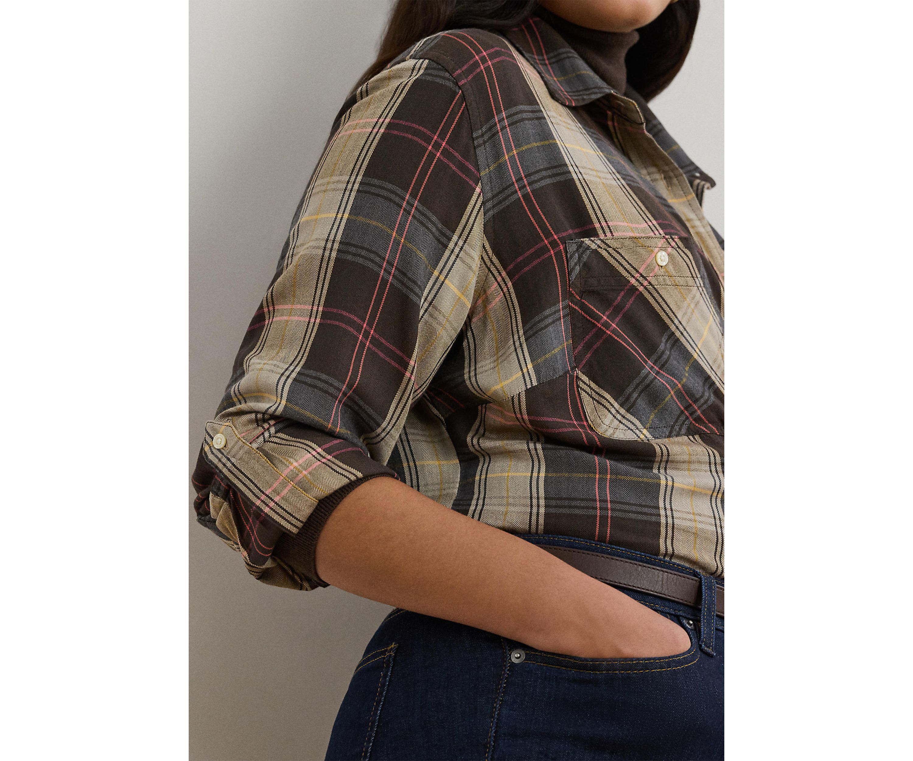 Relaxed Fit Plaid Roll Tab Sleeve Shirt