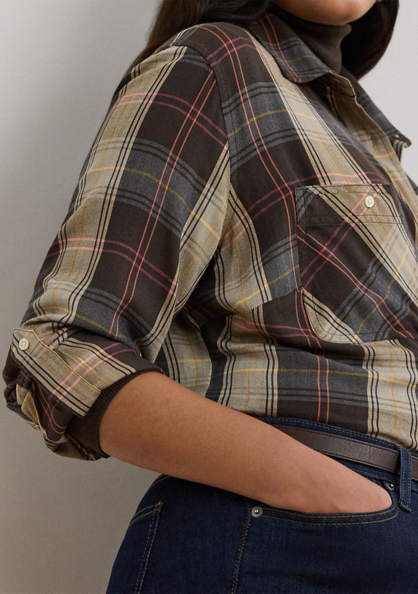 Relaxed Fit Plaid Roll Tab Sleeve Shirt
