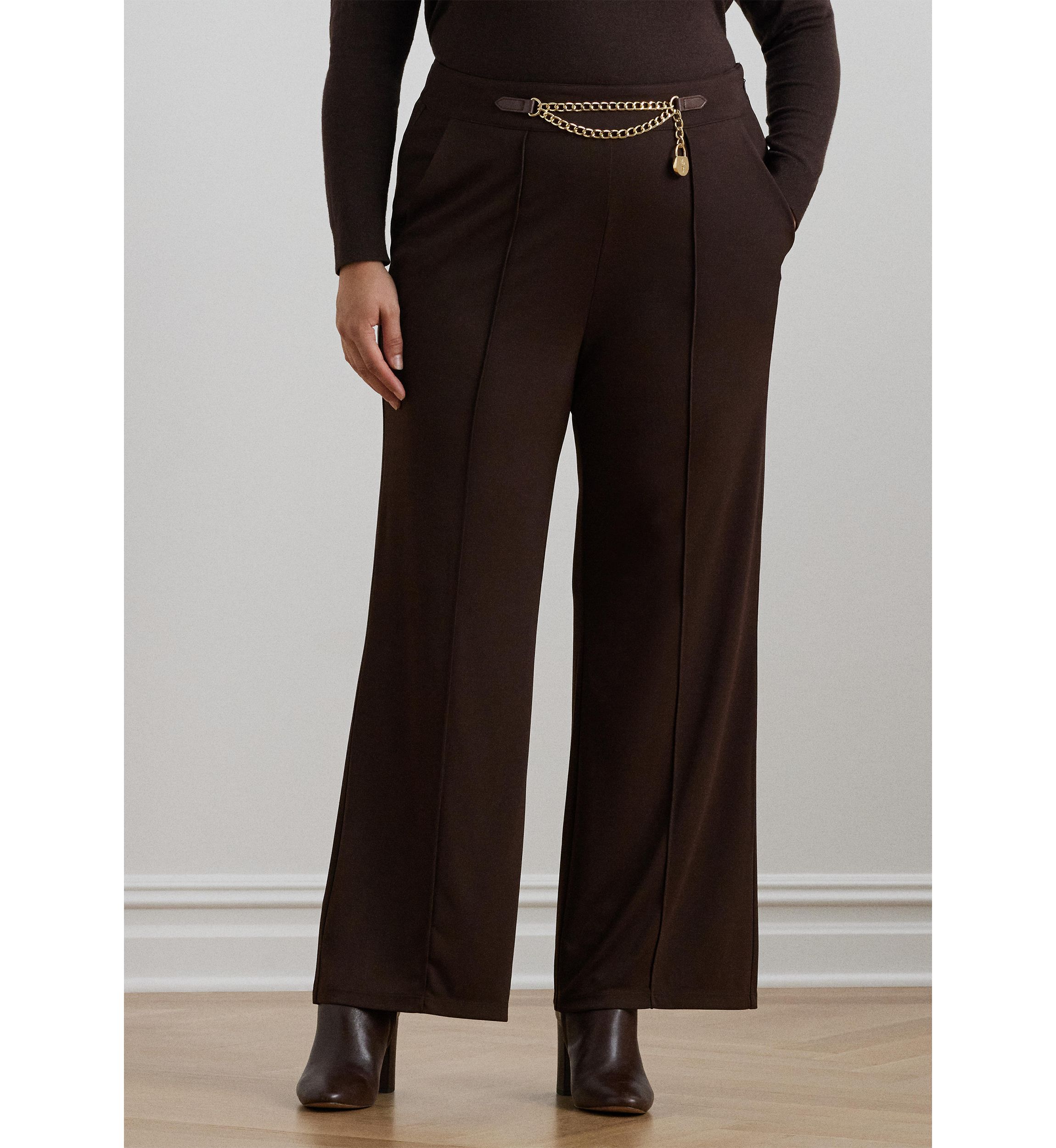 Plus Size Chain-Trim Pleated Jersey Wide-Leg Pants