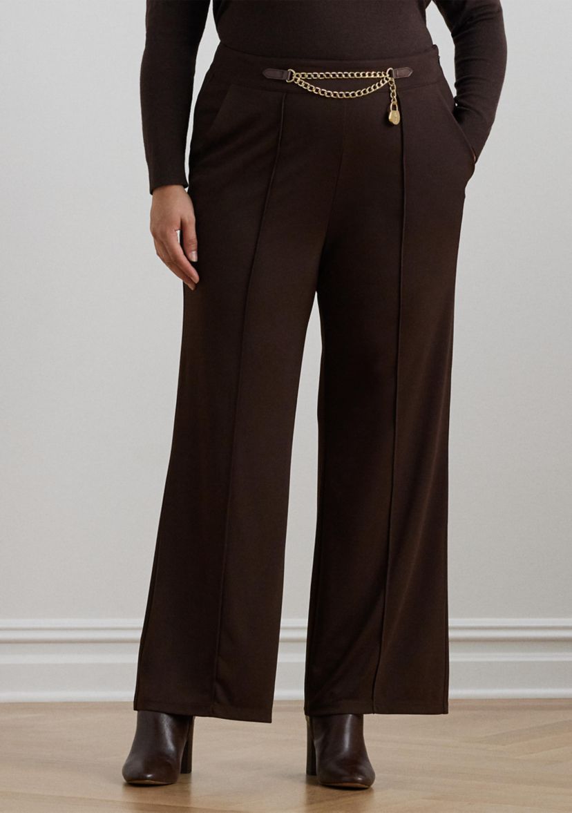 Plus Size Chain-Trim Pleated Jersey Wide-Leg Pants