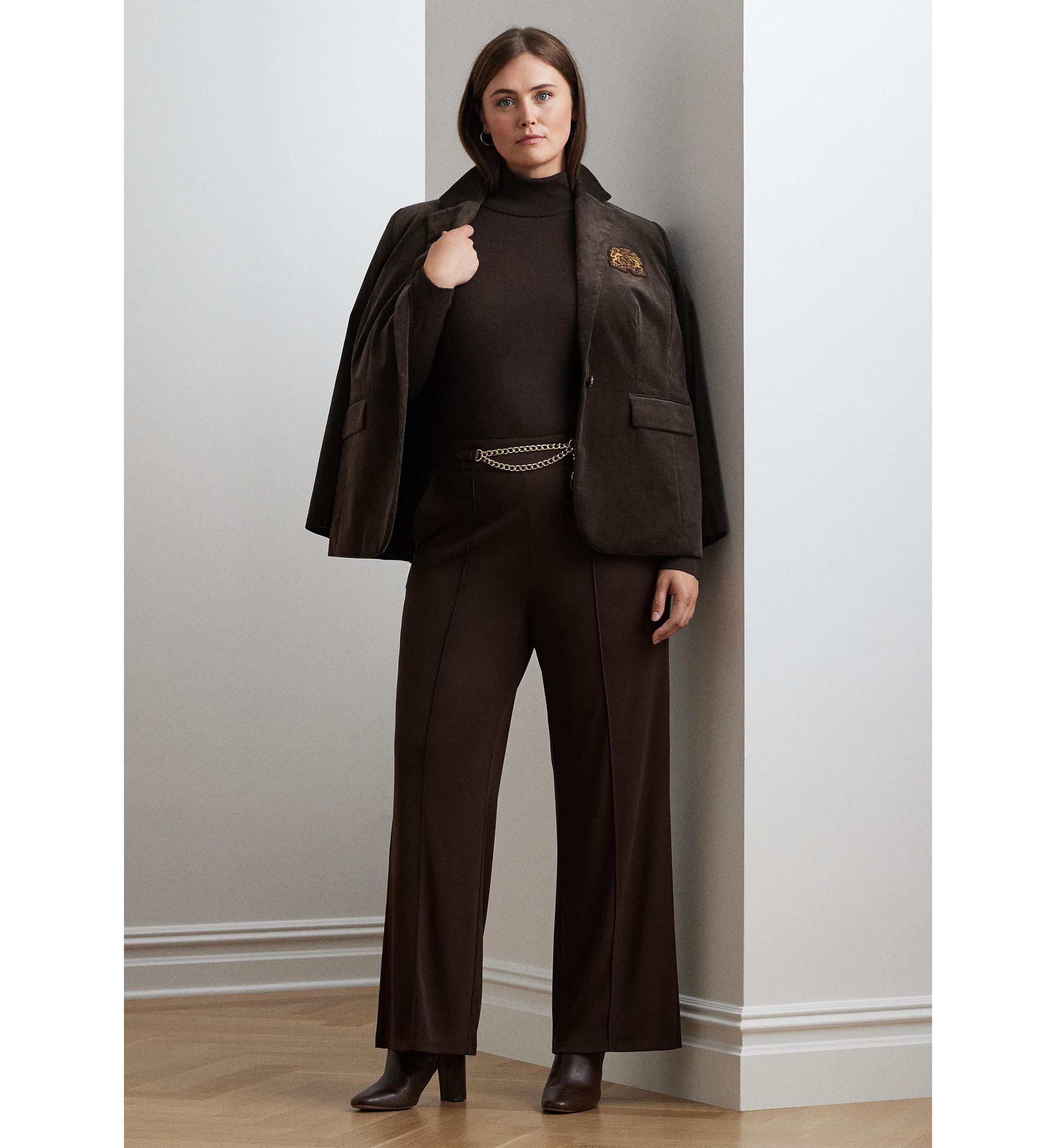 Plus Size Chain-Trim Pleated Jersey Wide-Leg Pants