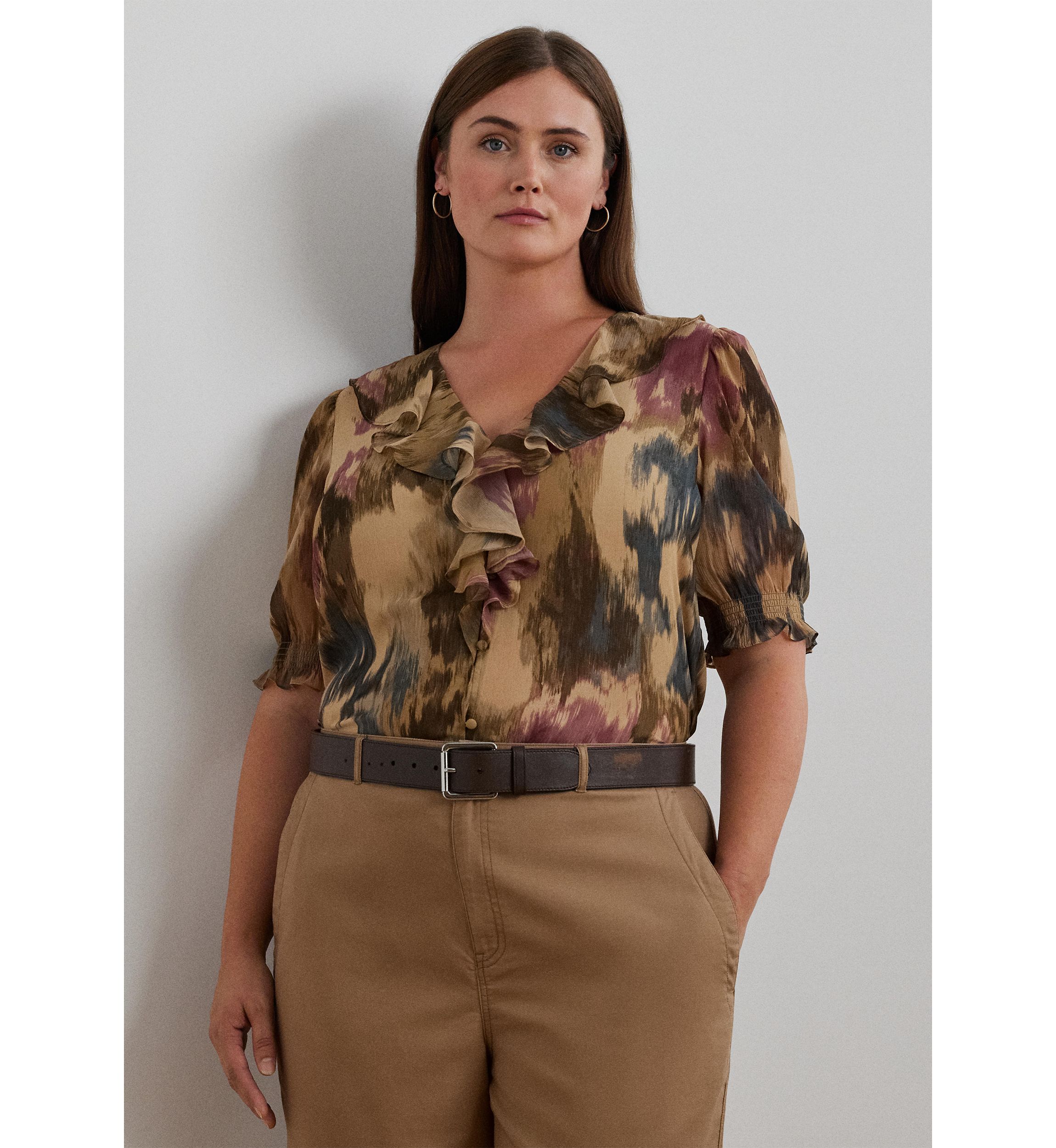 Plus Size Floral Georgette Ruffle Trim Blouse