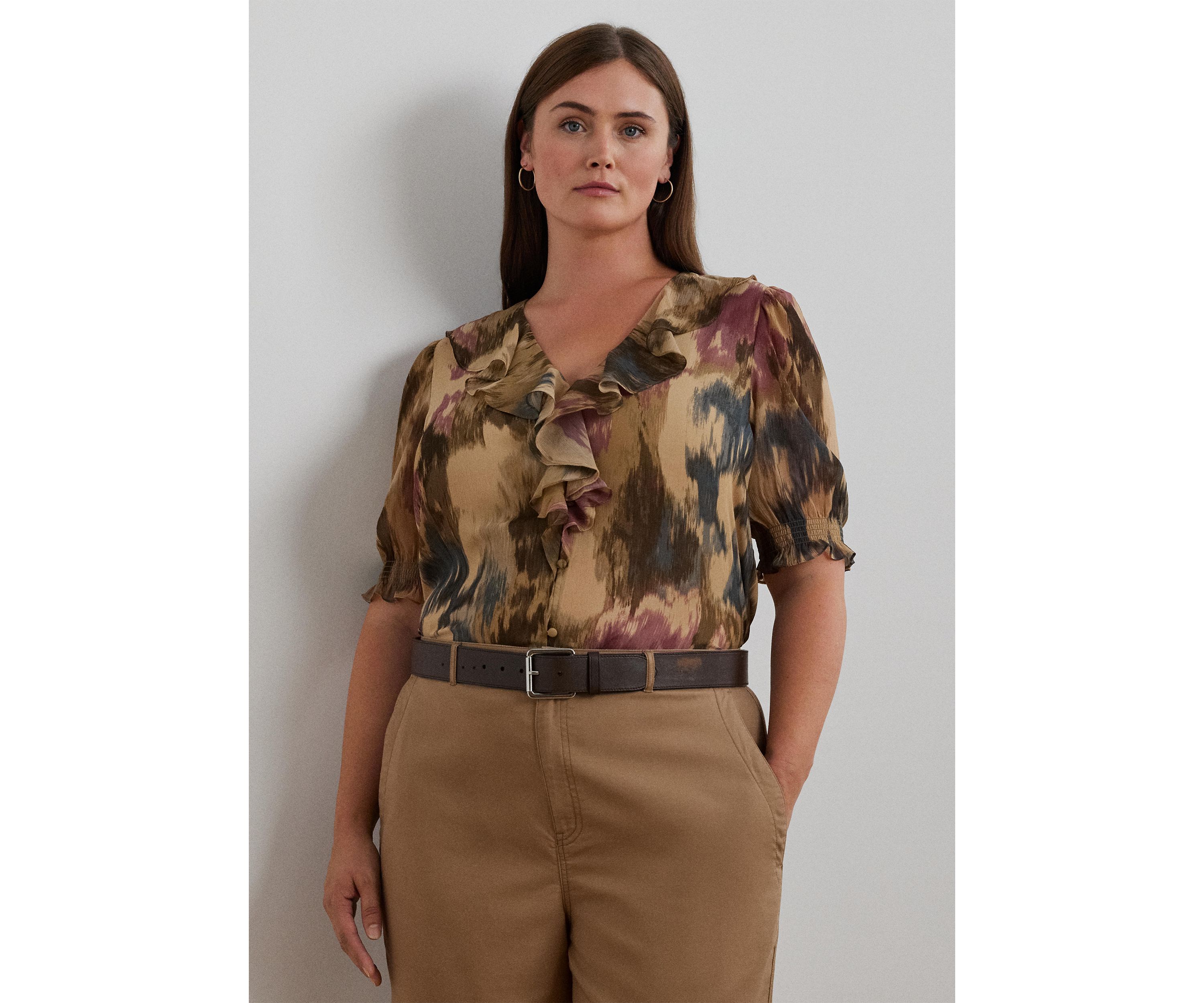 Plus Size Floral Georgette Ruffle Trim Blouse