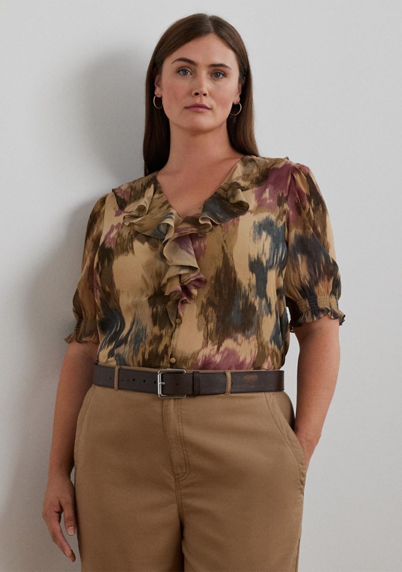 Plus Size Floral Georgette Ruffle Trim Blouse
