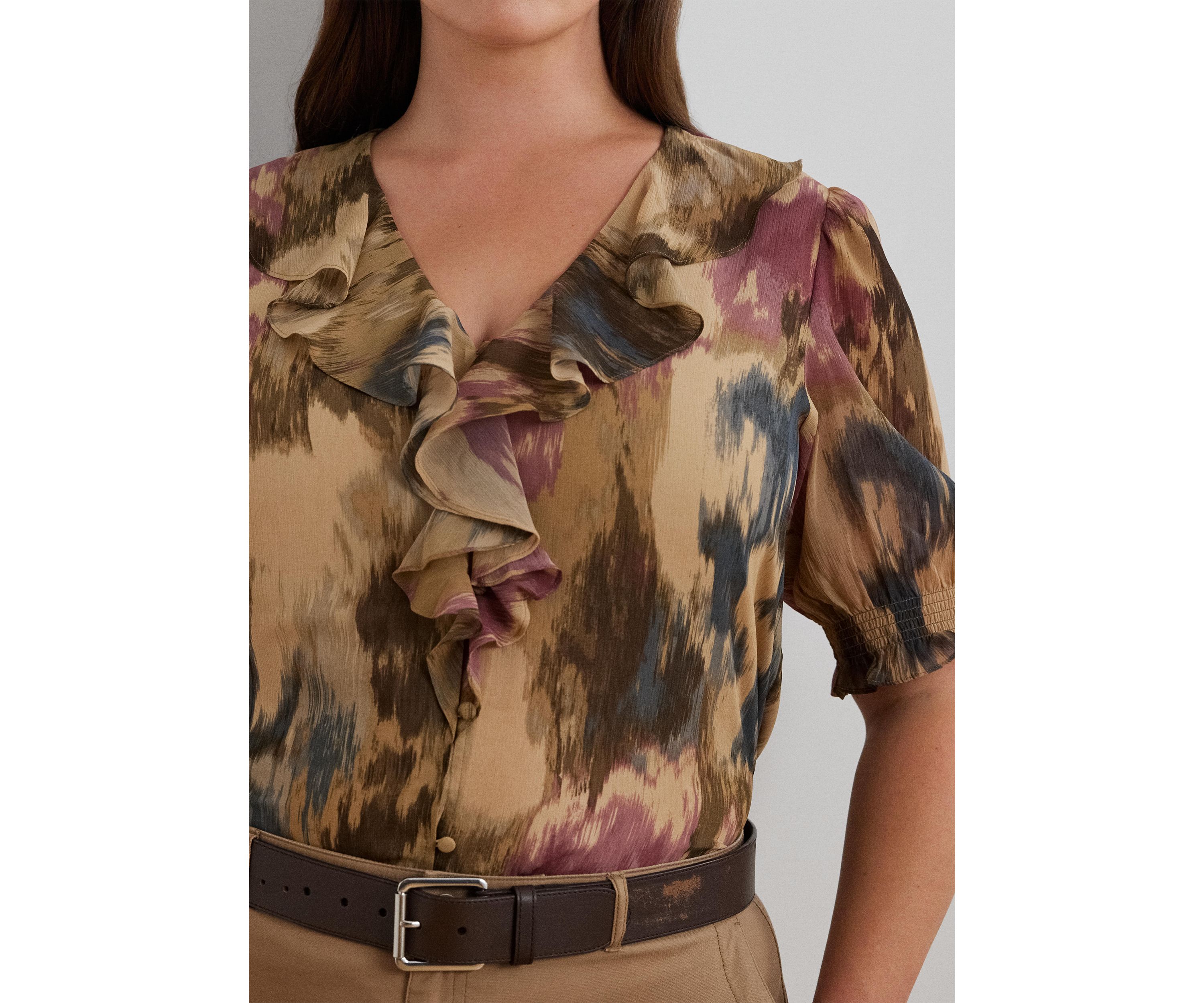 Plus Size Floral Georgette Ruffle Trim Blouse