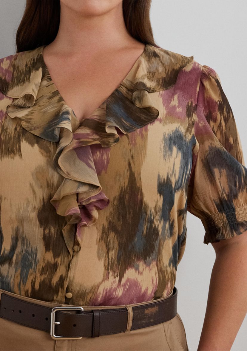 Plus Size Floral Georgette Ruffle Trim Blouse