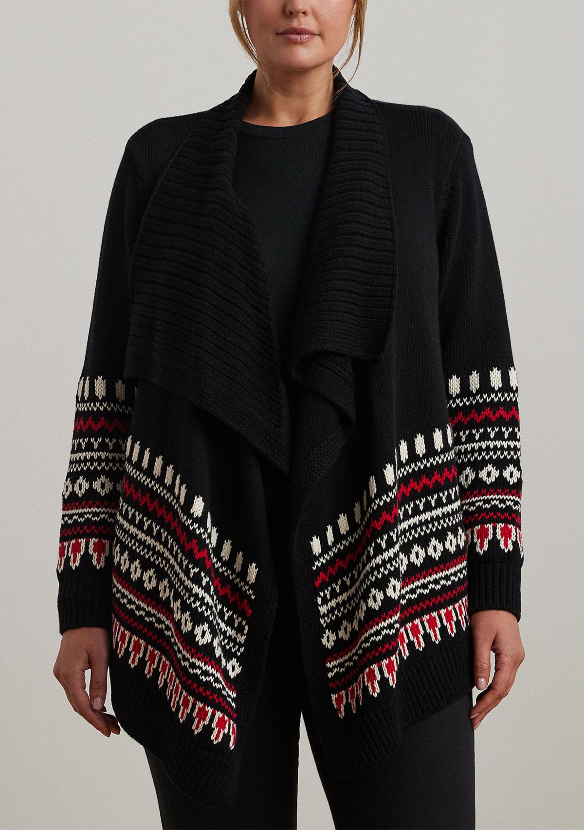 Plus Size Fair Isle Cotton Shawl Collar Cardigan