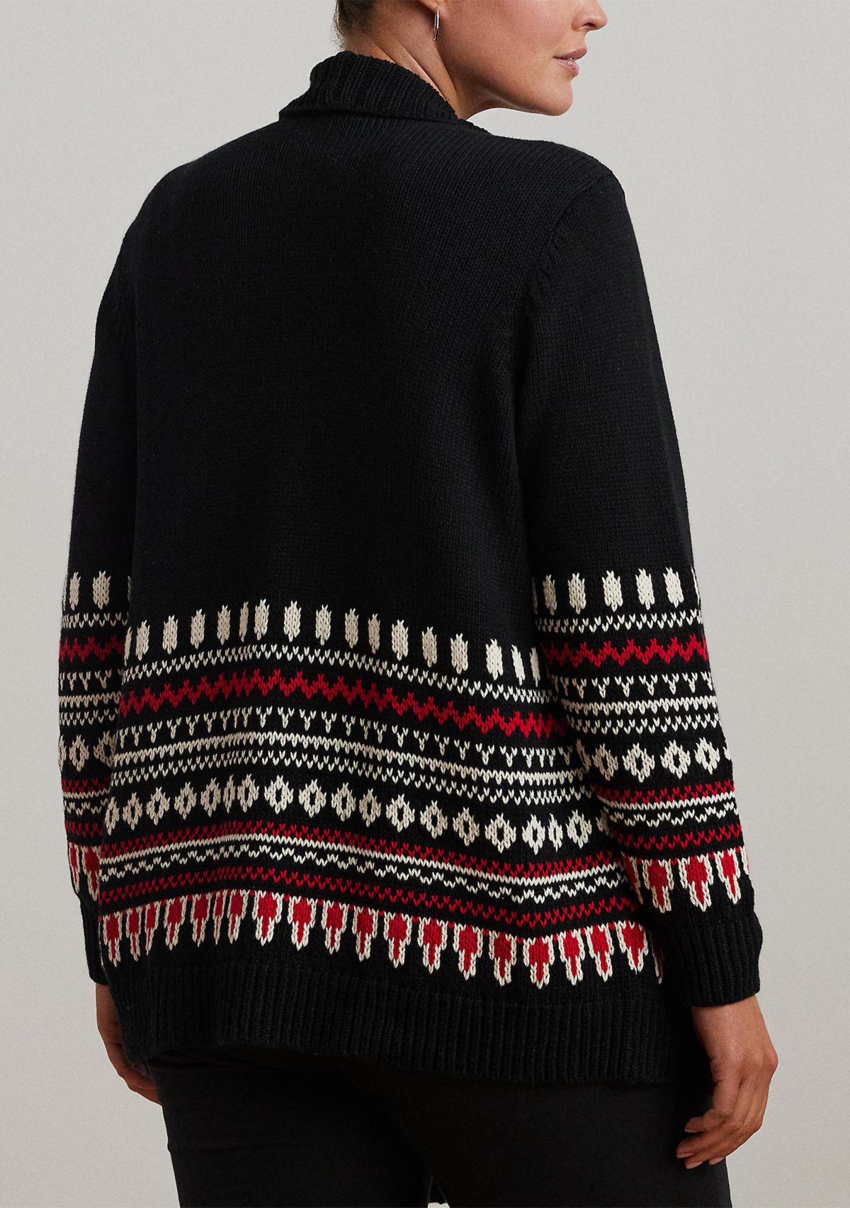 Plus Size Fair Isle Cotton Shawl Collar Cardigan
