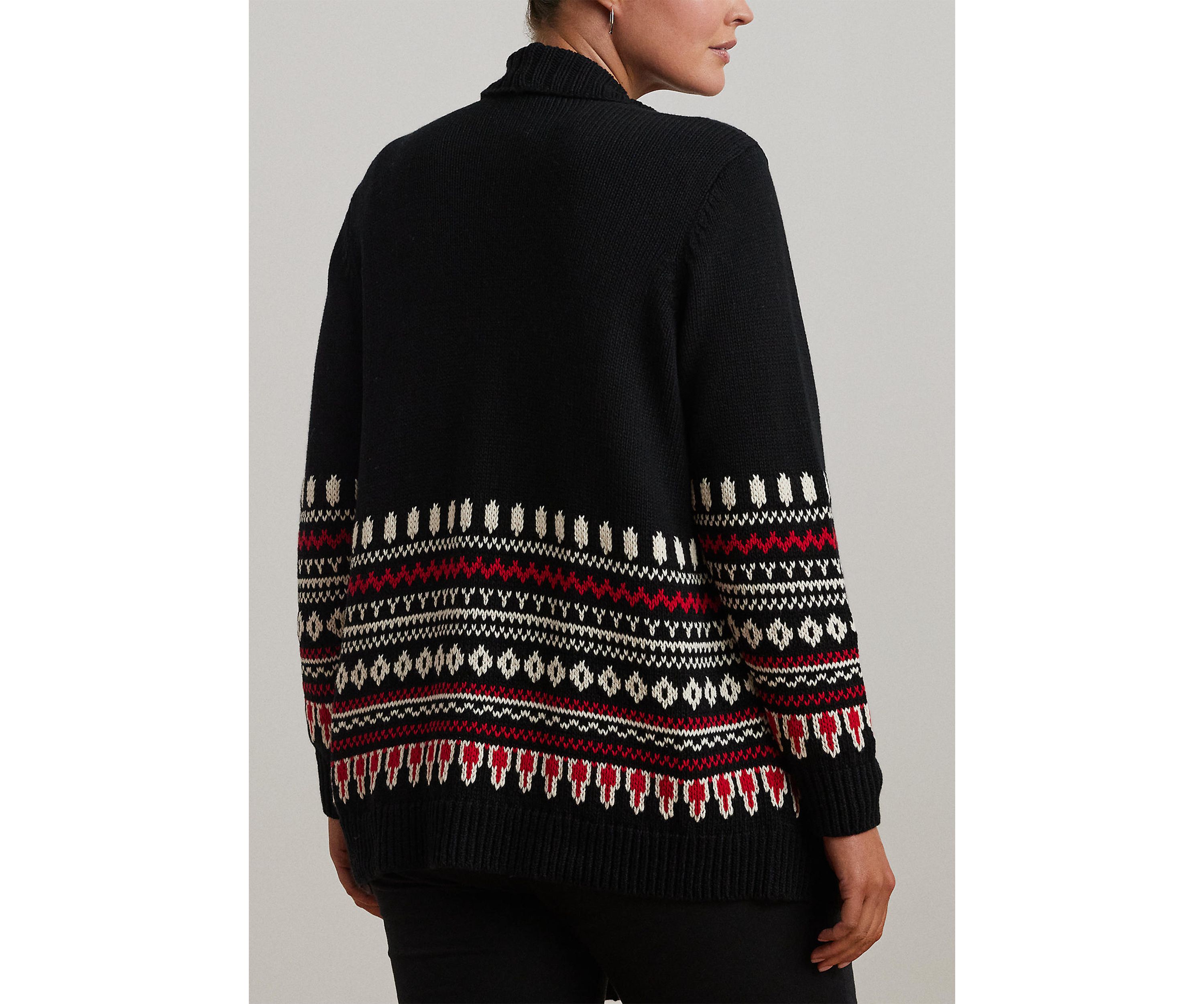 Plus Size Fair Isle Cotton Shawl Collar Cardigan