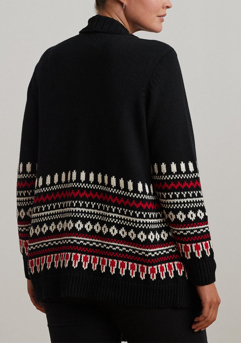Plus Size Fair Isle Cotton Shawl Collar Cardigan