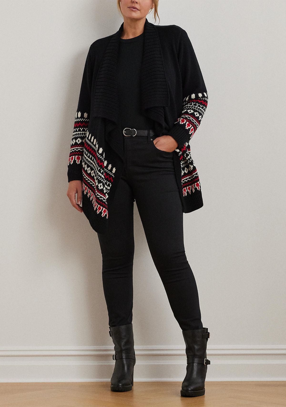 Plus Size Fair Isle Cotton Shawl Collar Cardigan