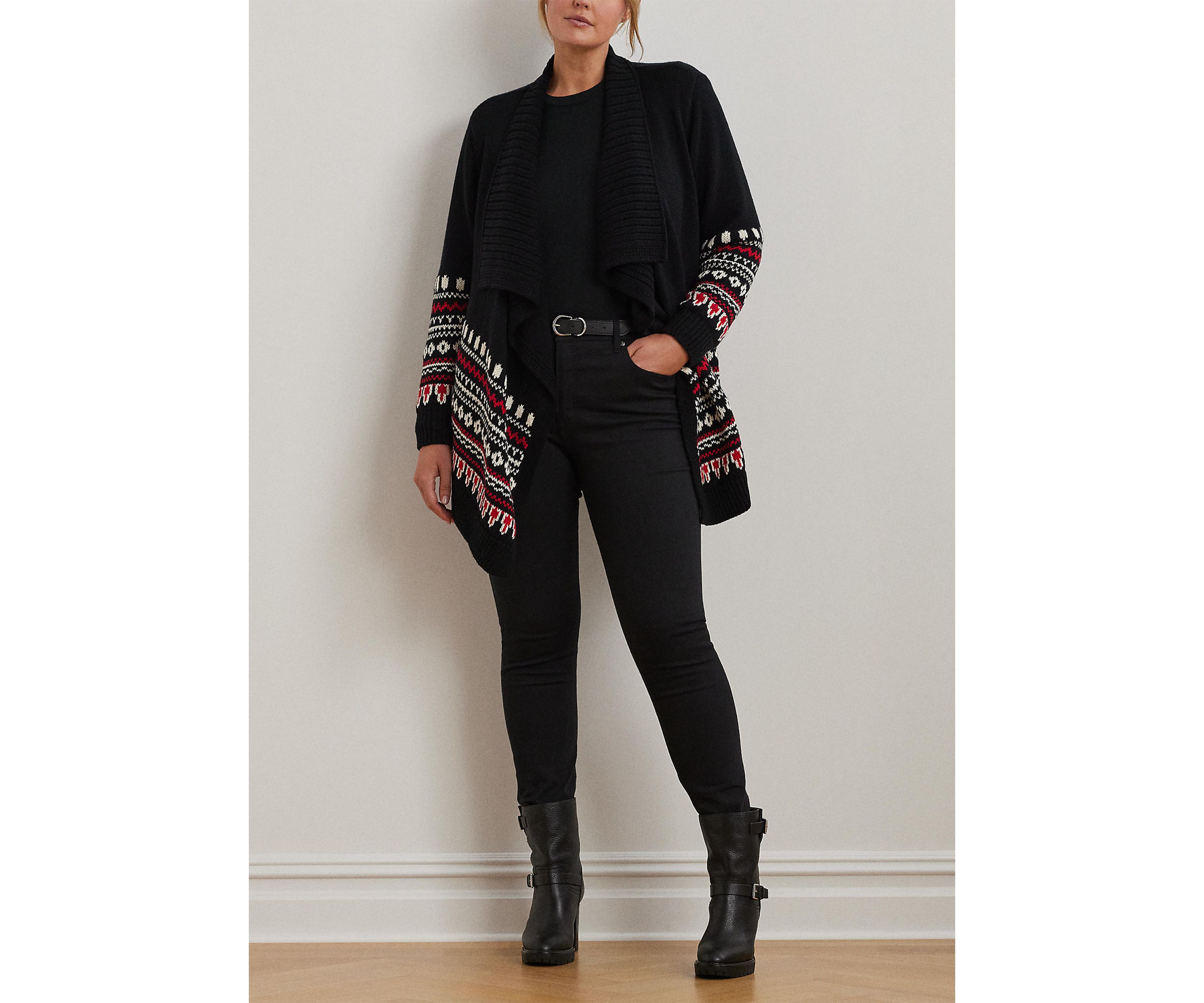Plus Size Fair Isle Cotton Shawl Collar Cardigan