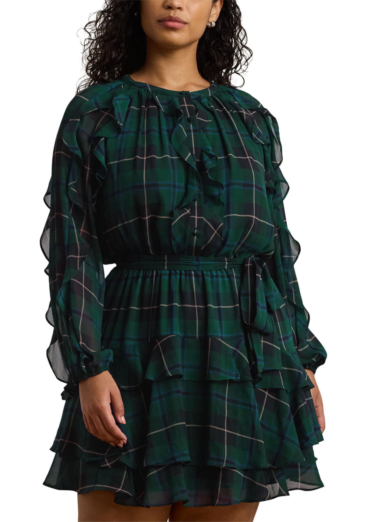 Plus Size Plaid Ruffle Trim Georgette Tiered Dress