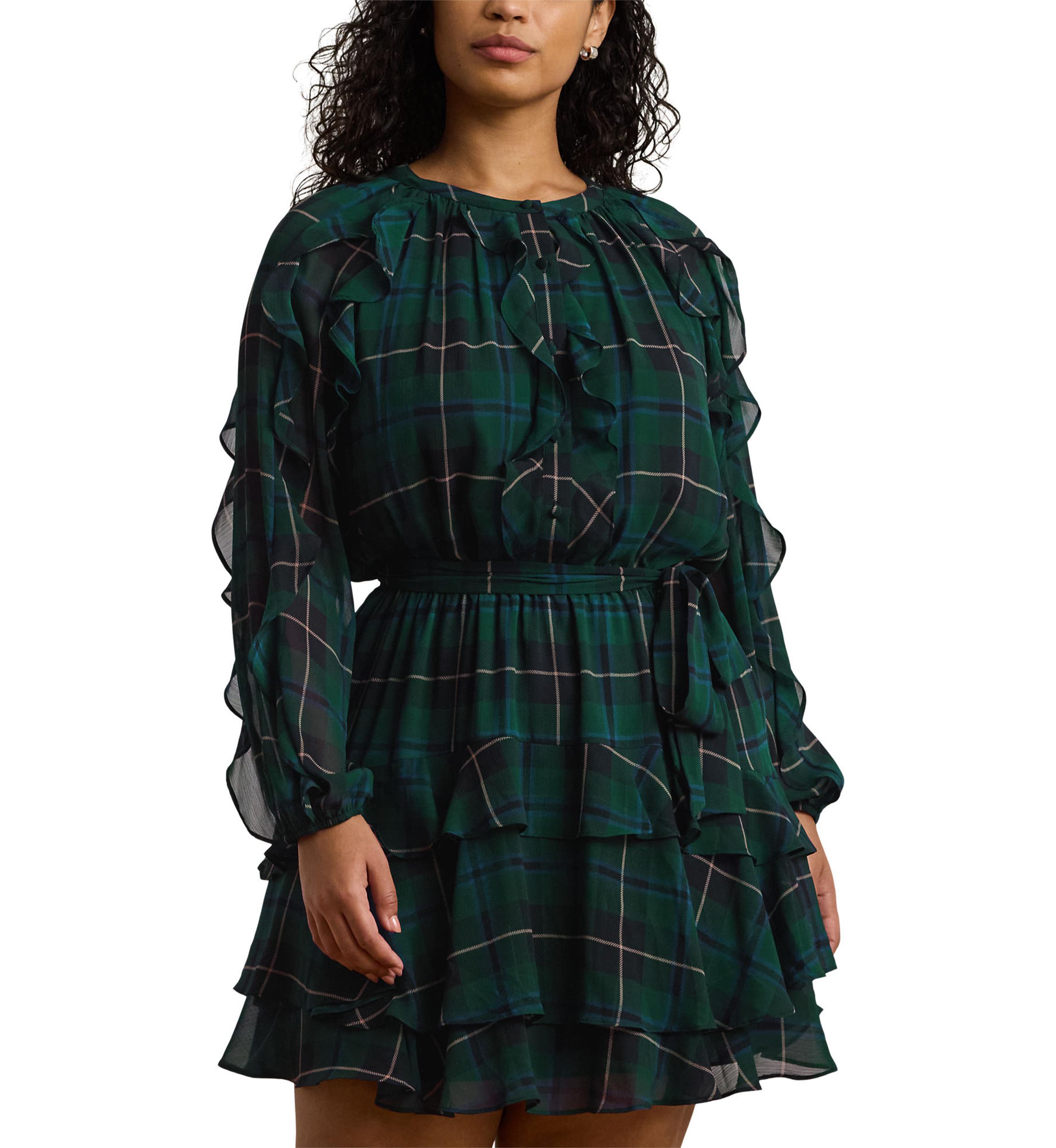 Plus Size Plaid Ruffle Trim Georgette Tiered Dress