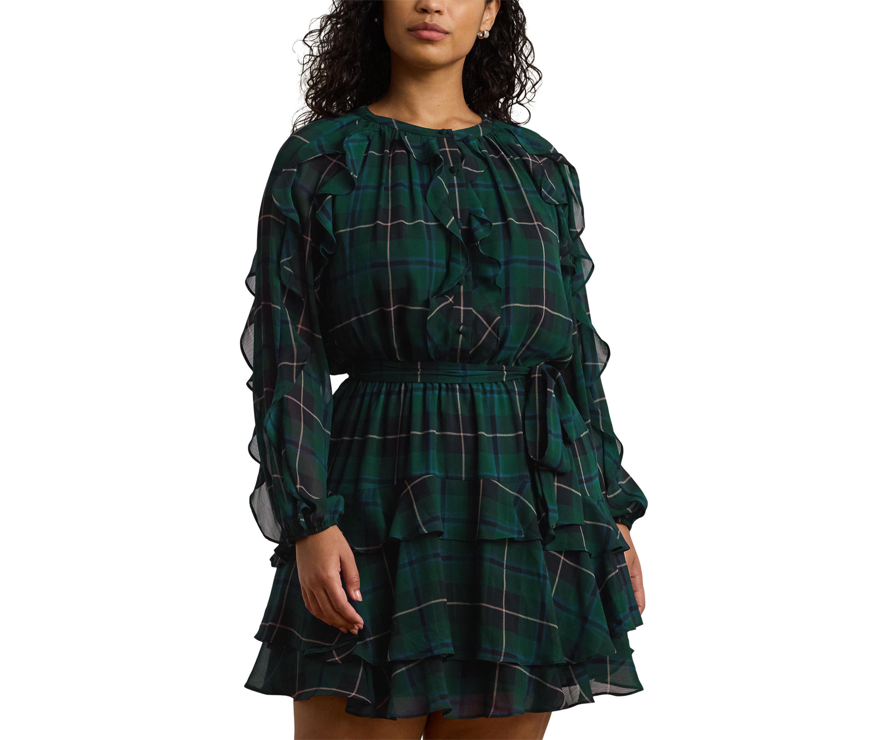 Plus Size Plaid Ruffle Trim Georgette Tiered Dress