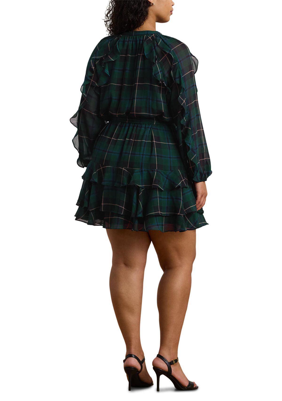 Plus Size Plaid Ruffle Trim Georgette Tiered Dress