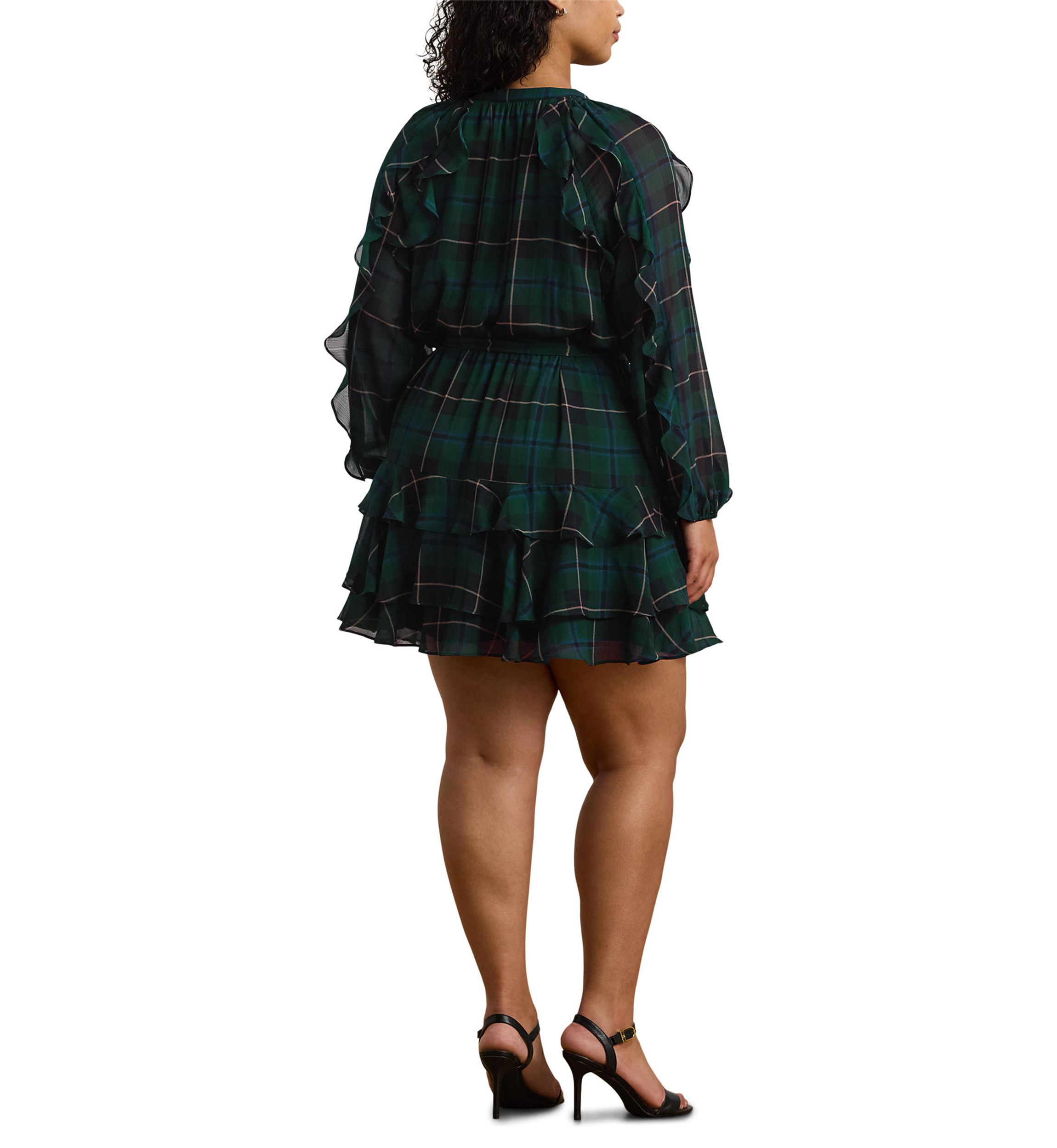 Plus Size Plaid Ruffle Trim Georgette Tiered Dress