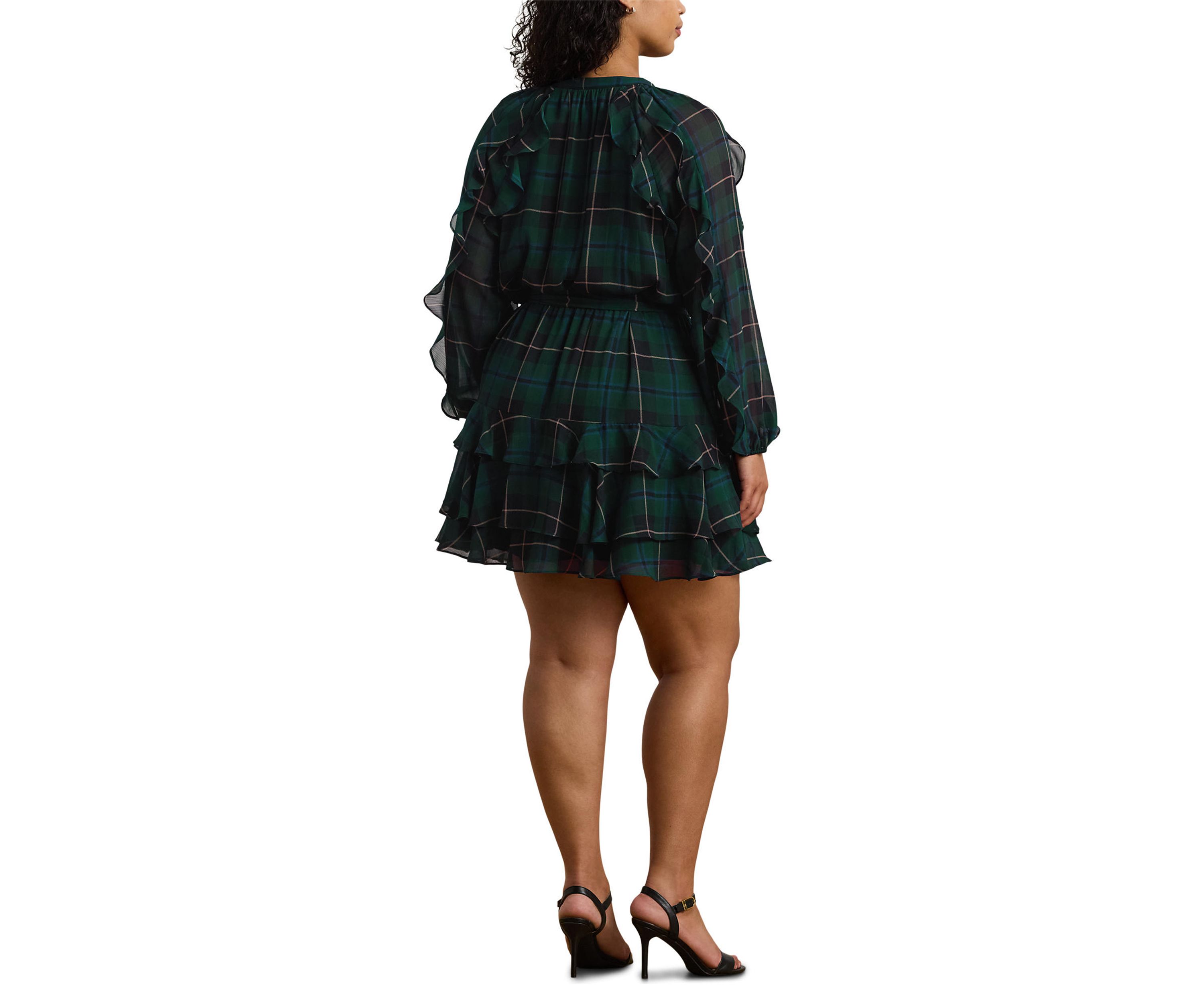 Plus Size Plaid Ruffle Trim Georgette Tiered Dress