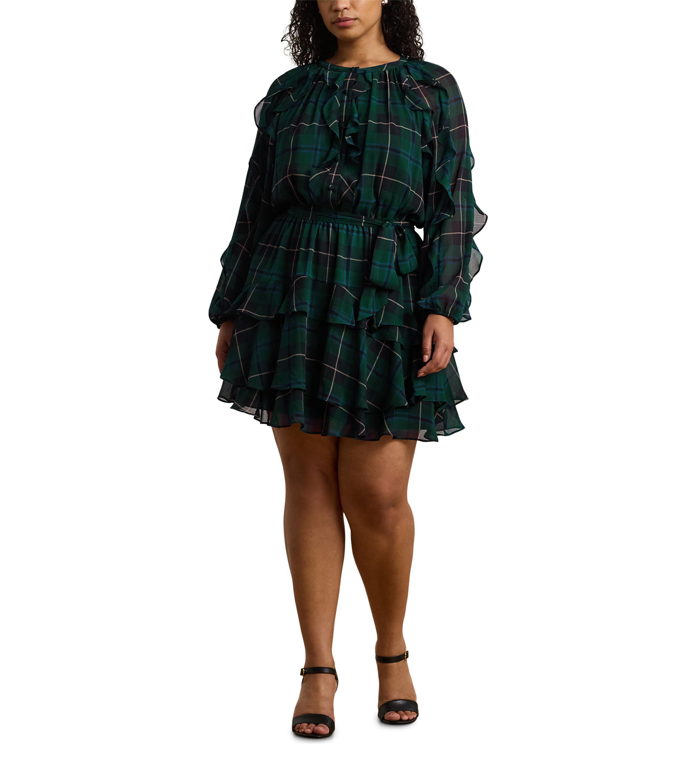 Plus Size Plaid Ruffle Trim Georgette Tiered Dress