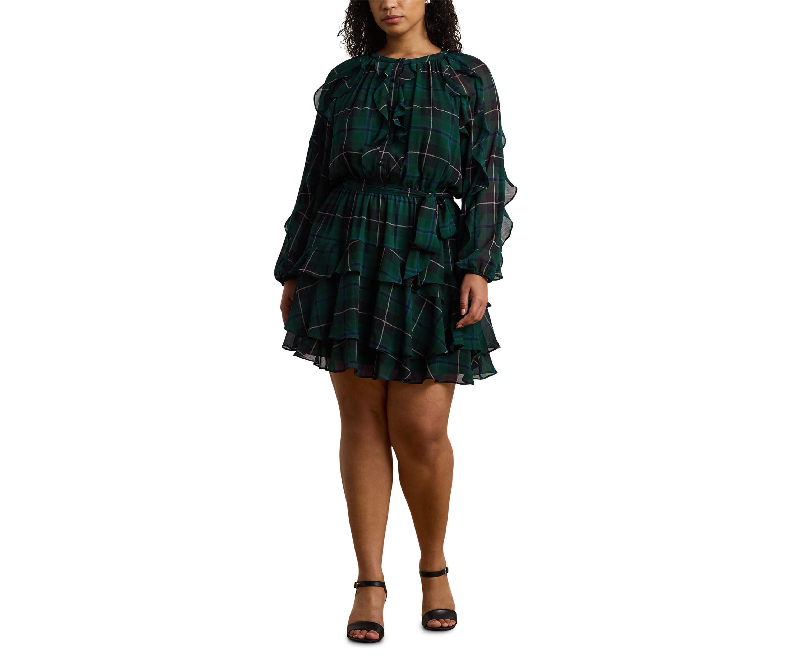 Plus Size Plaid Ruffle Trim Georgette Tiered Dress