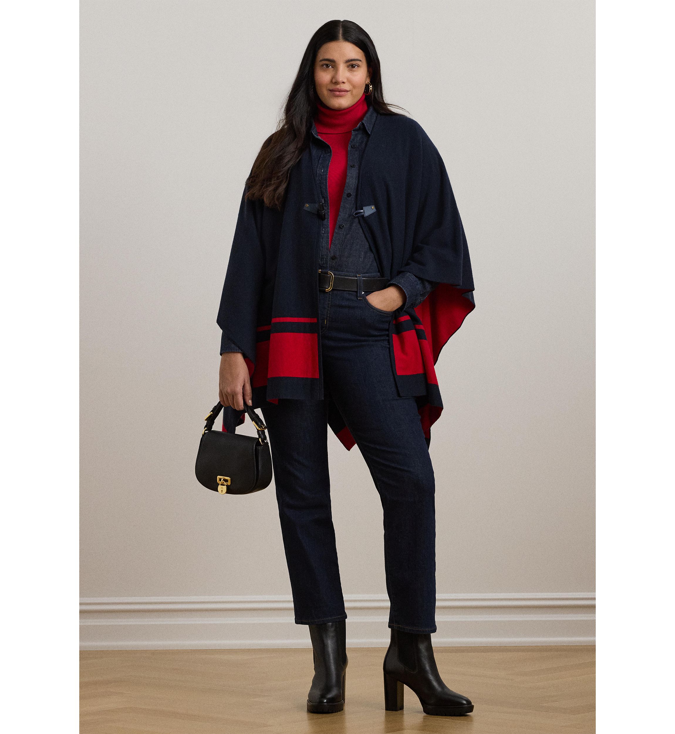 Plus Size Intarsia Knit Two Tone Poncho