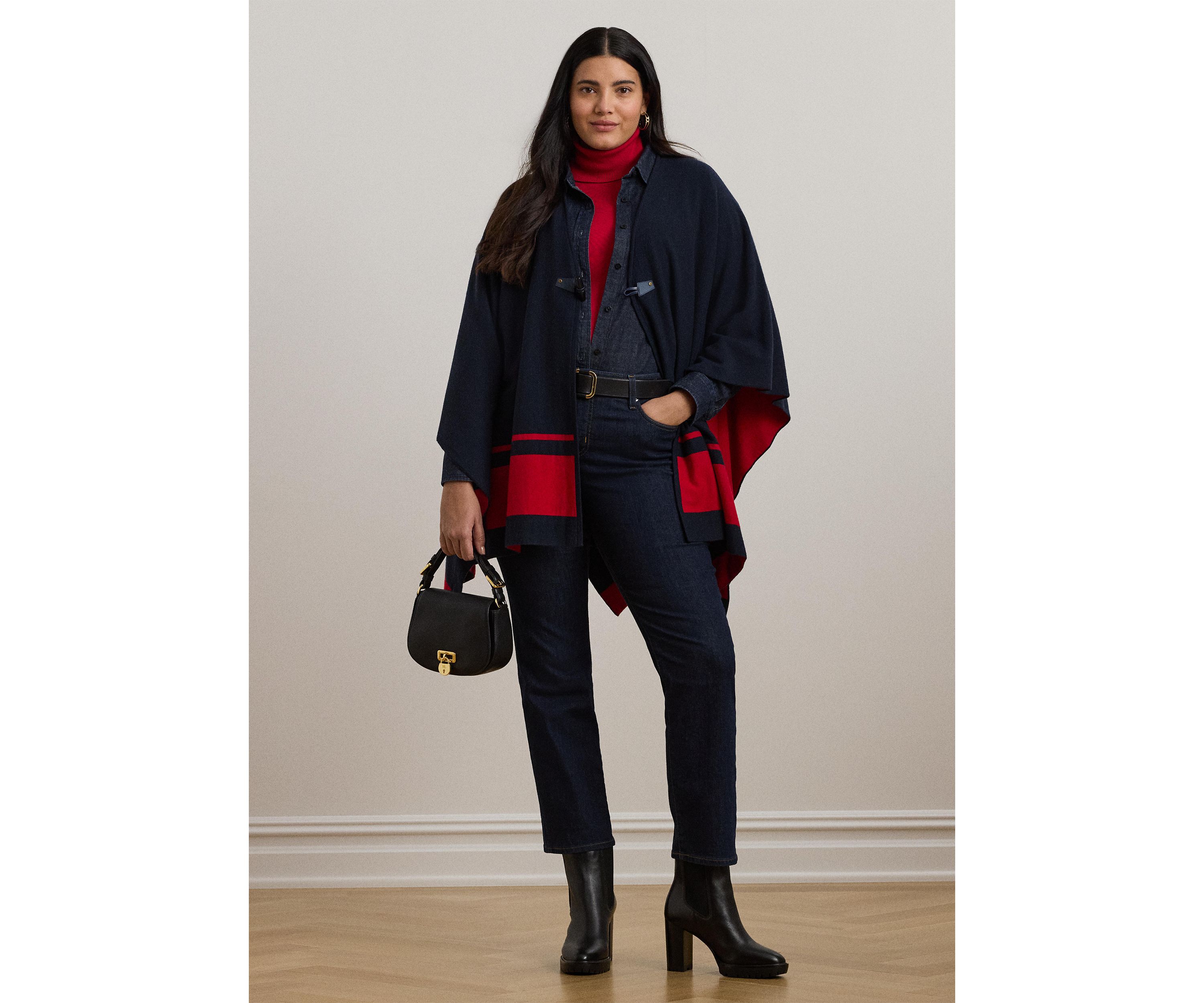 Plus Size Intarsia Knit Two Tone Poncho