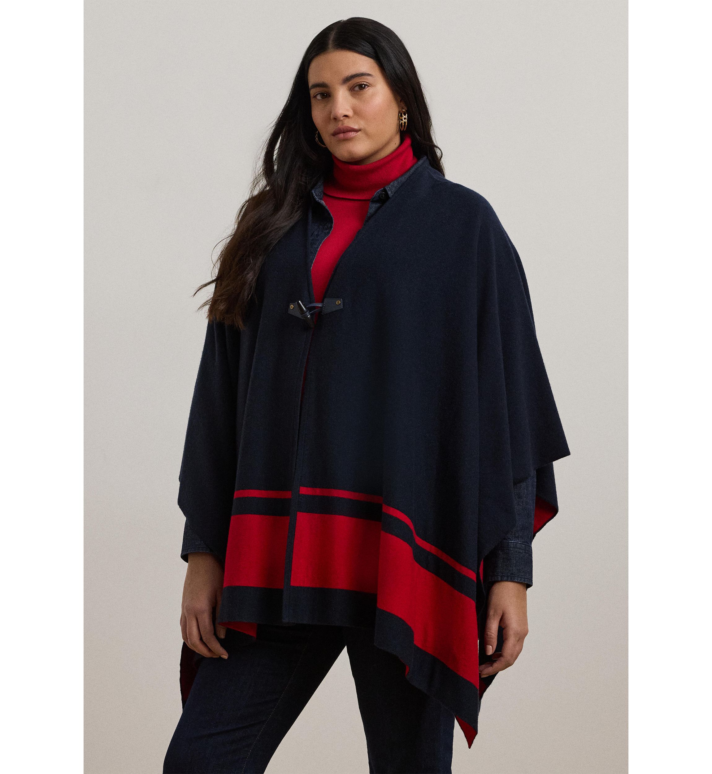 Plus Size Intarsia Knit Two Tone Poncho