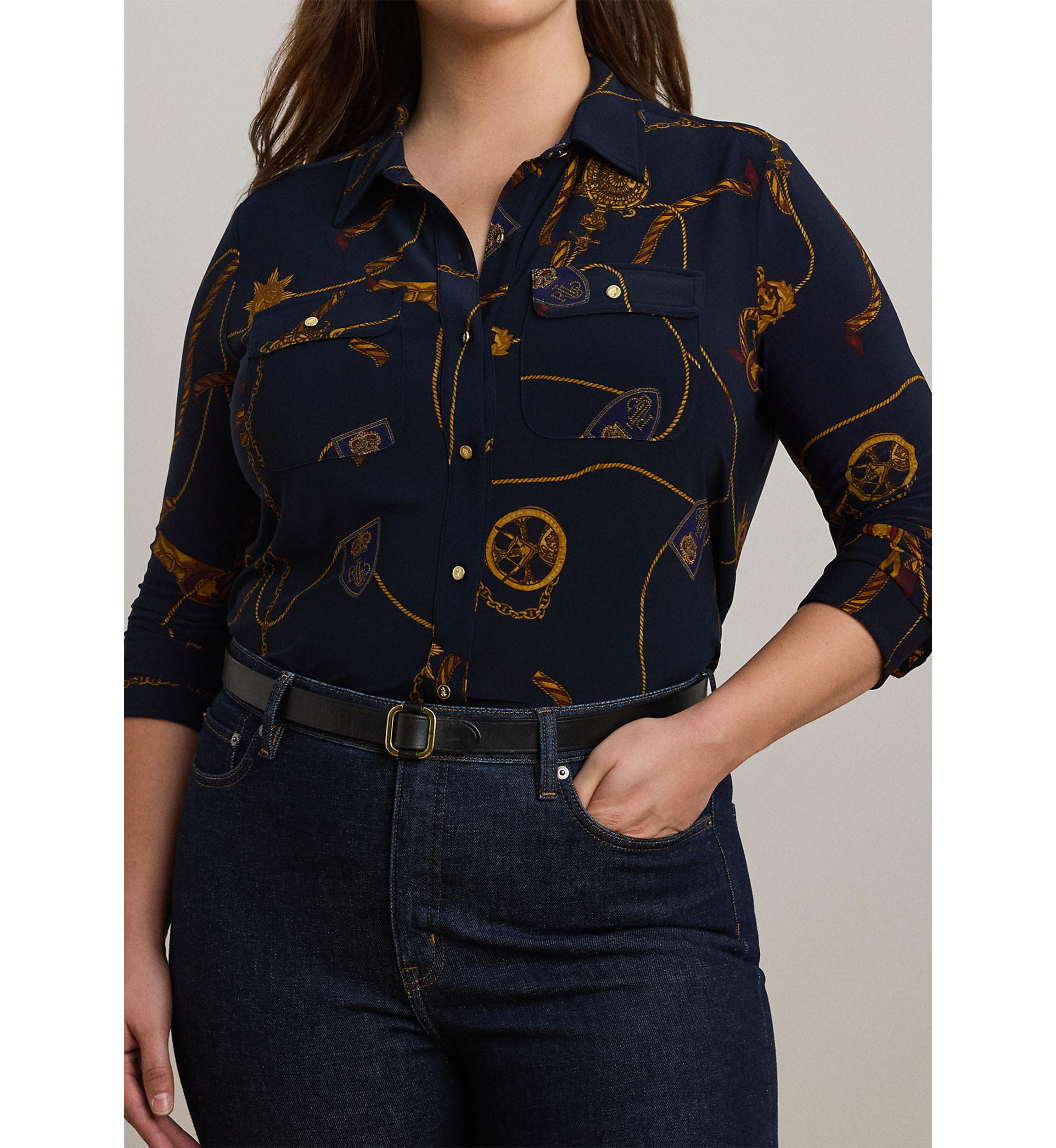 Womens Slim Fit Belting-Print Jersey Shirt