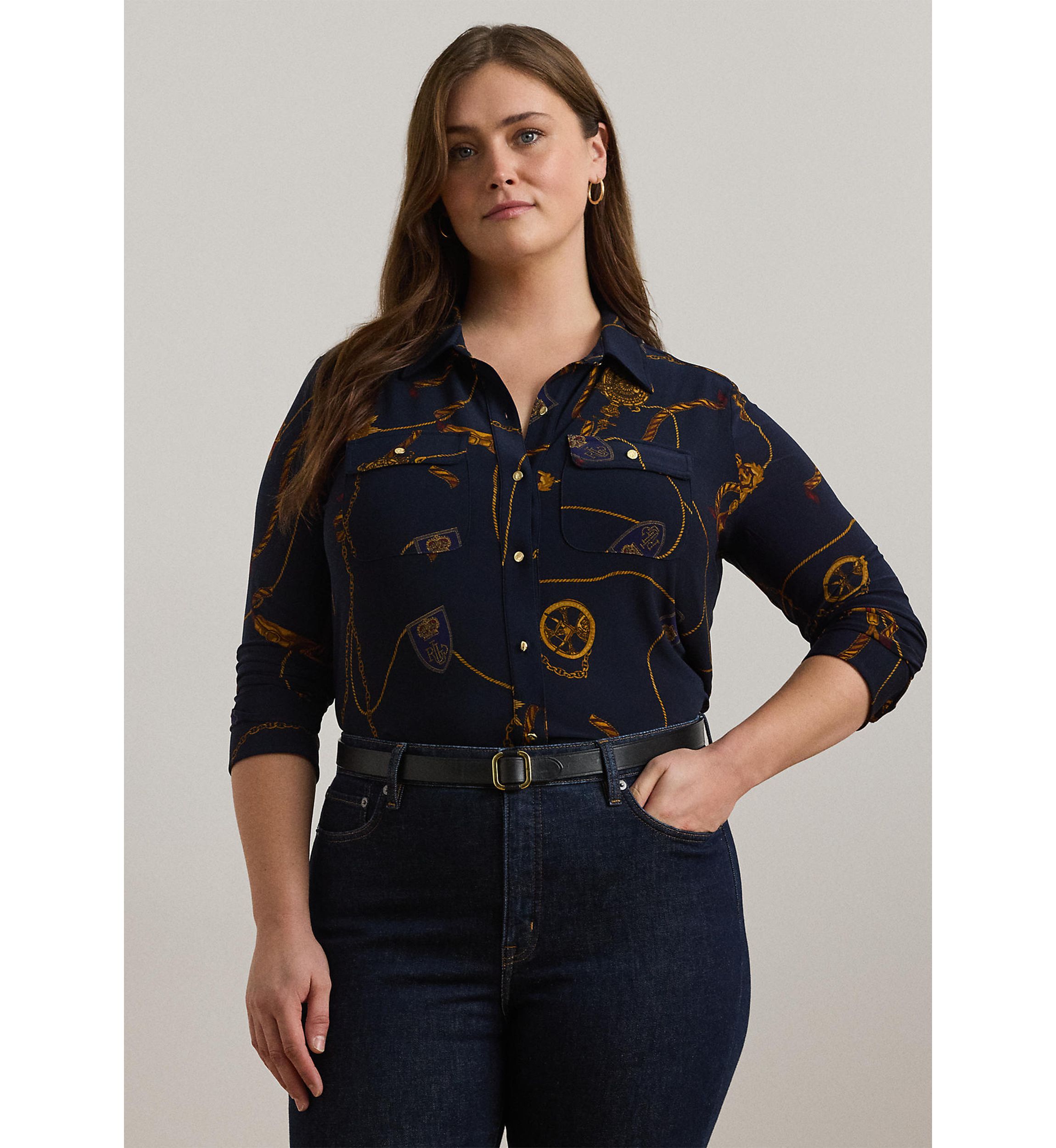 Womens Slim Fit Belting-Print Jersey Shirt