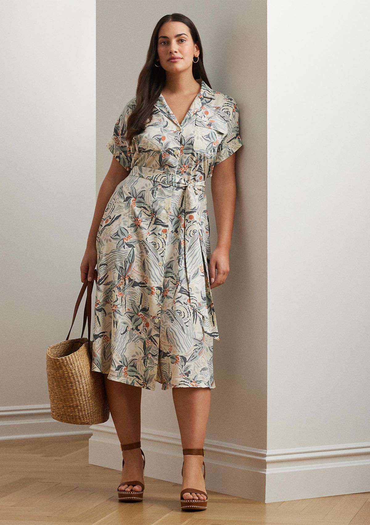 Plus Size Print Belted Crepe Camp Shirtdress