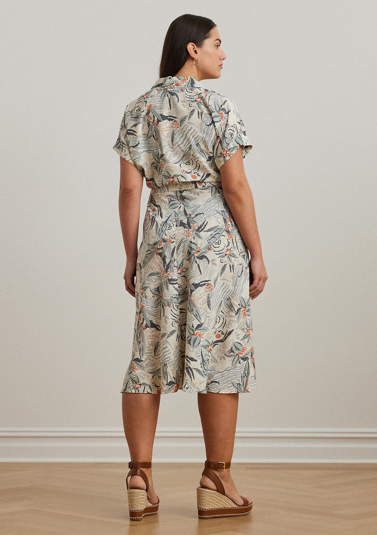 Plus Size Print Belted Crepe Camp Shirtdress