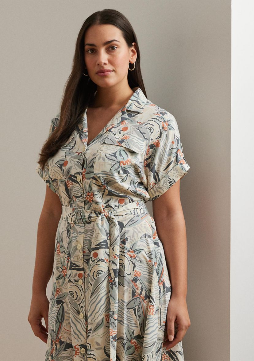 Plus Size Print Belted Crepe Camp Shirtdress