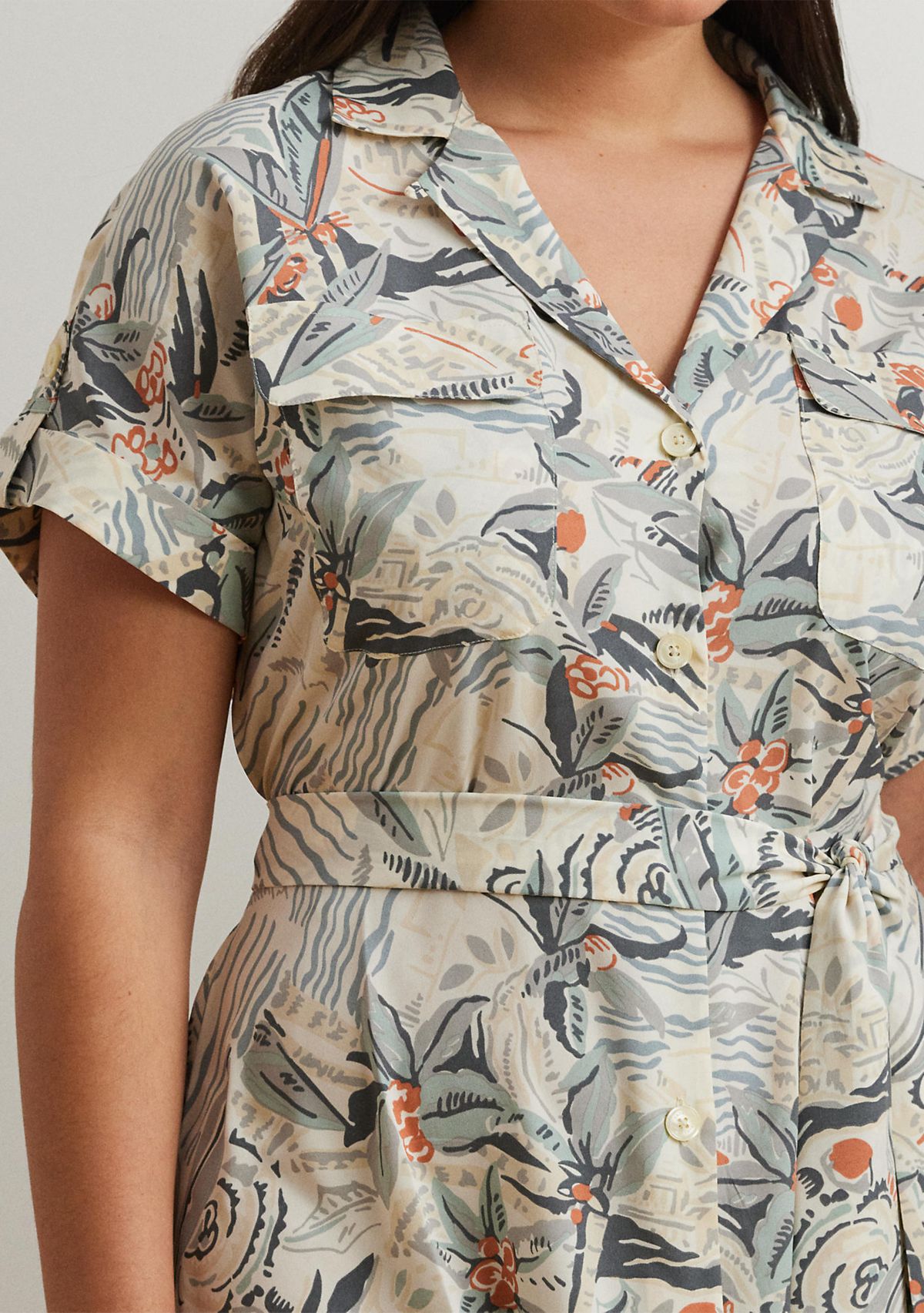 Plus Size Print Belted Crepe Camp Shirtdress