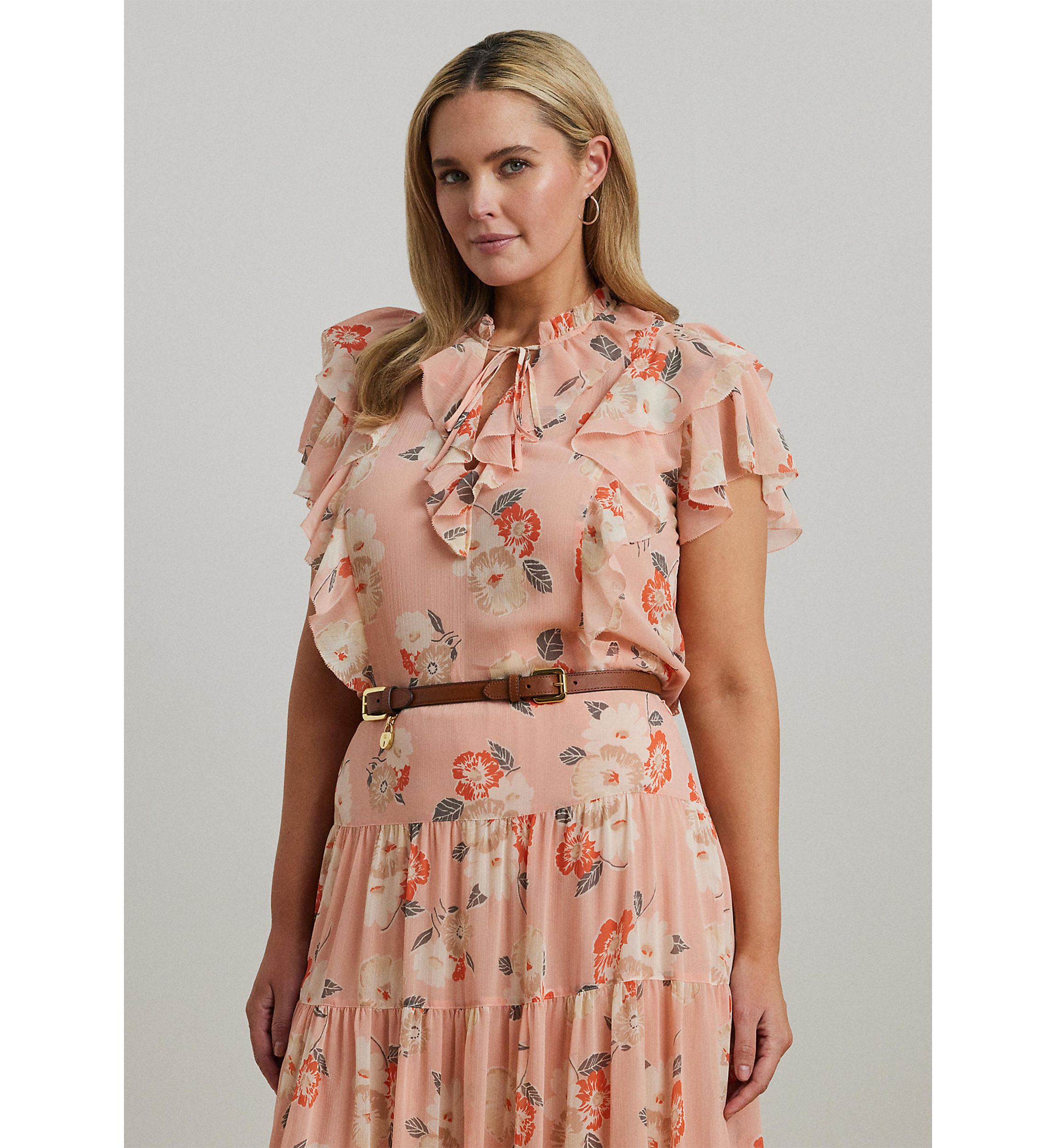Plus Size Floral Ruffle Trim Georgette Blouse
