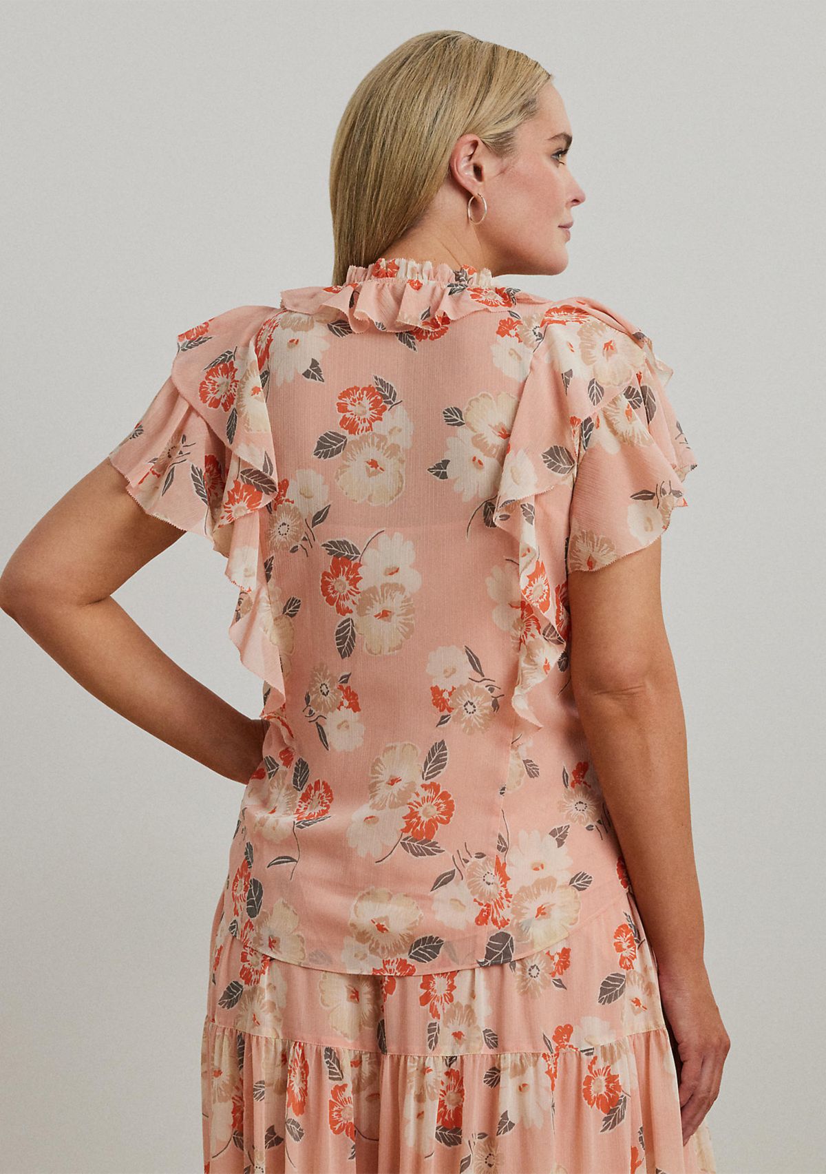 Plus Size Floral Ruffle Trim Georgette Blouse