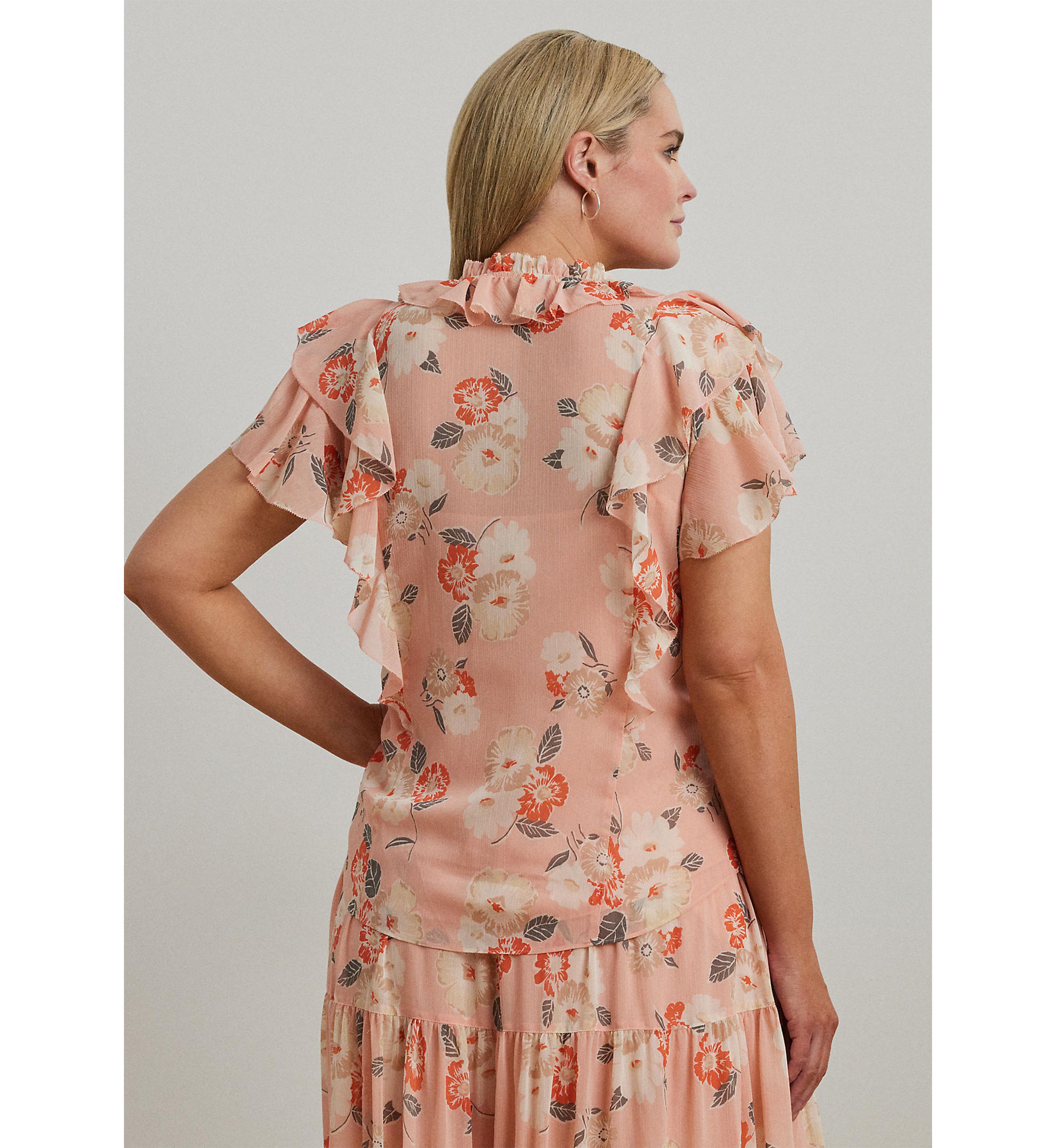 Plus Size Floral Ruffle Trim Georgette Blouse