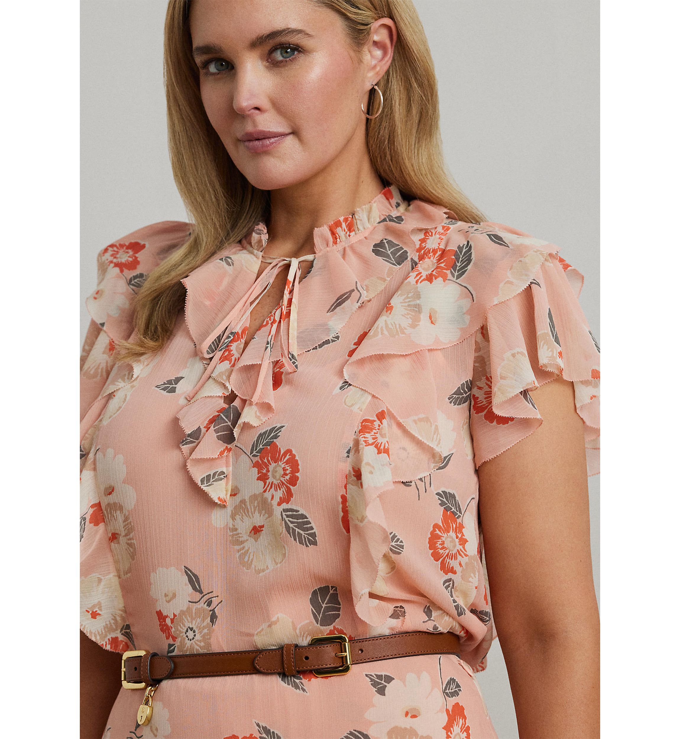Plus Size Floral Ruffle Trim Georgette Blouse