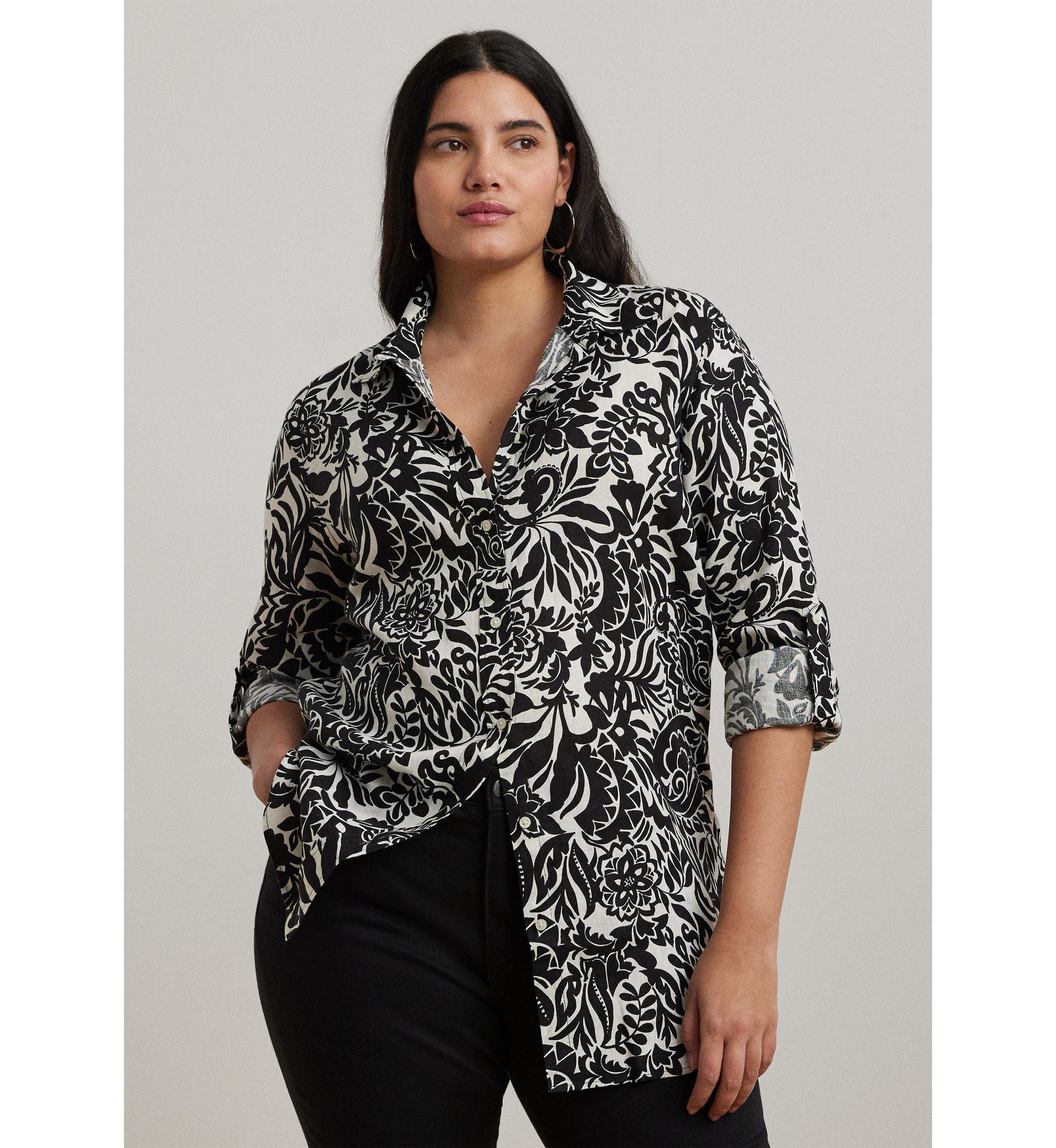 Plus Size Relaxed Fit Floral Linen Shirt