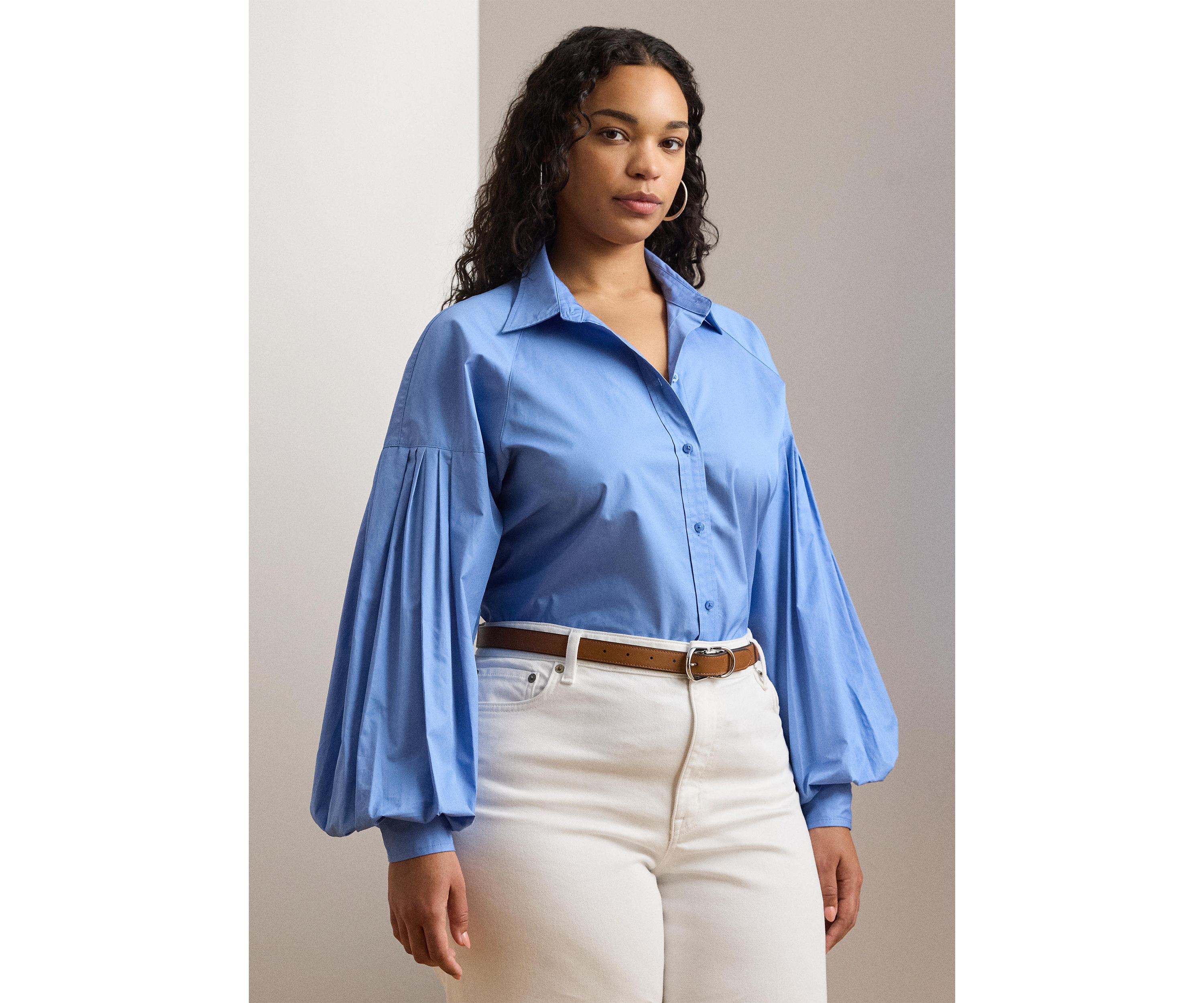 Plus Size Cotton Poplin Blouson Sleeve Shirt