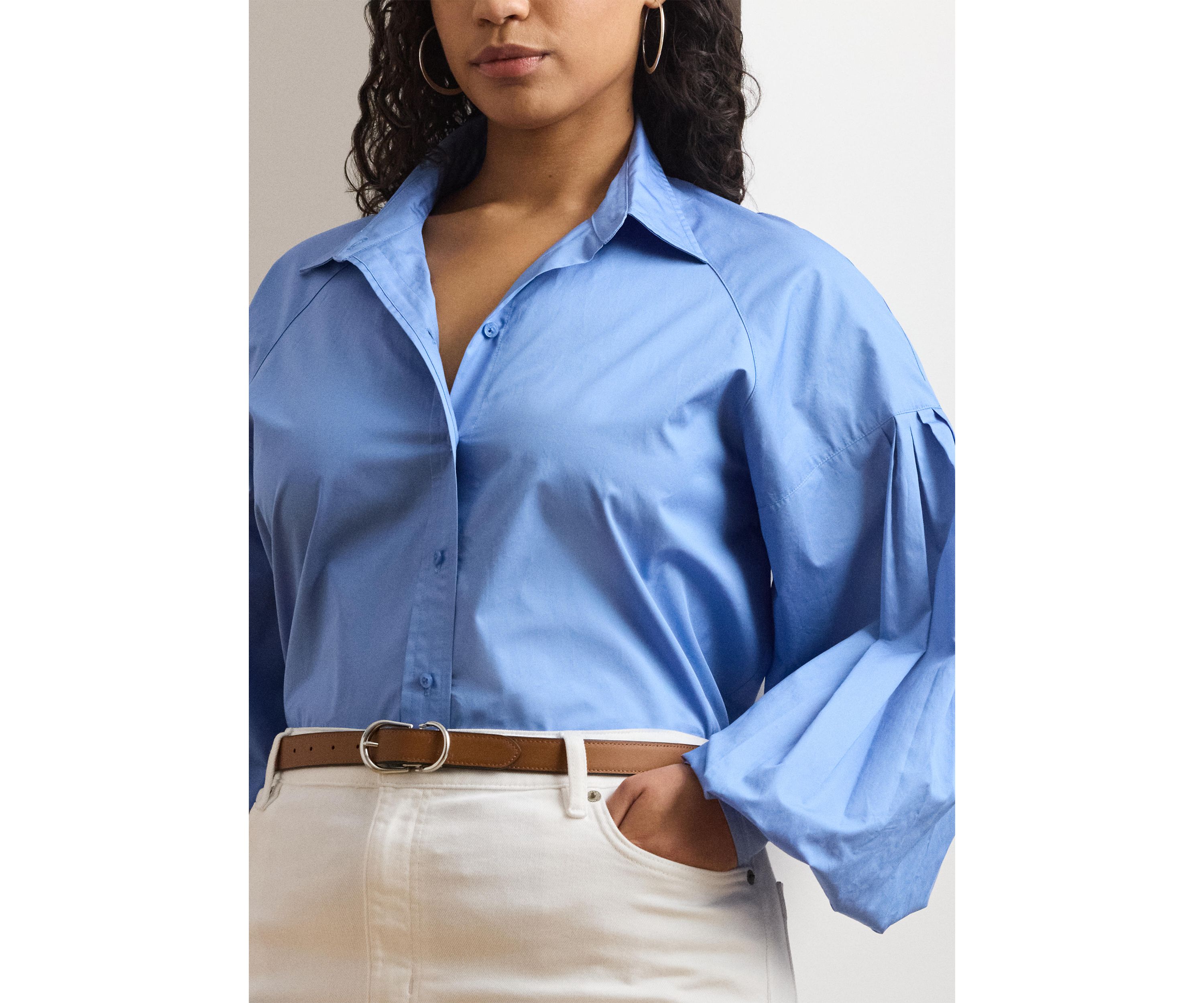Plus Size Cotton Poplin Blouson Sleeve Shirt