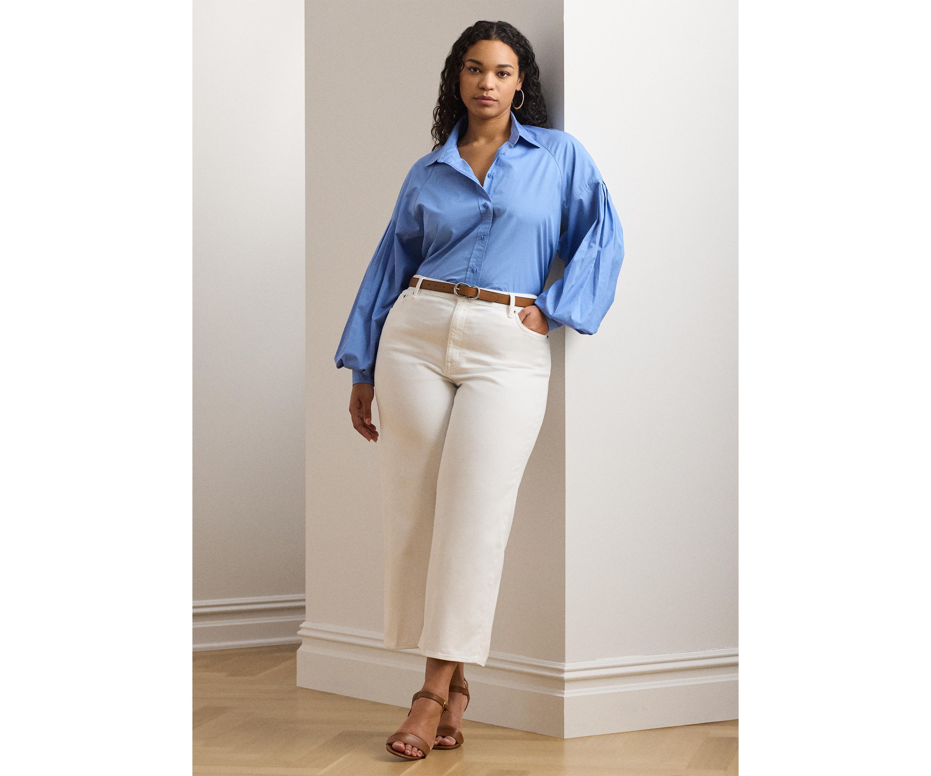 Plus Size Cotton Poplin Blouson Sleeve Shirt